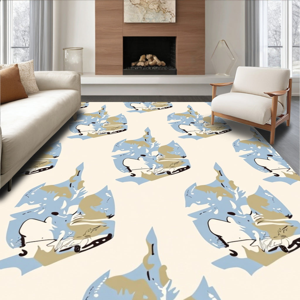 Abstract Blue Tan Sketchy Pattern Rug