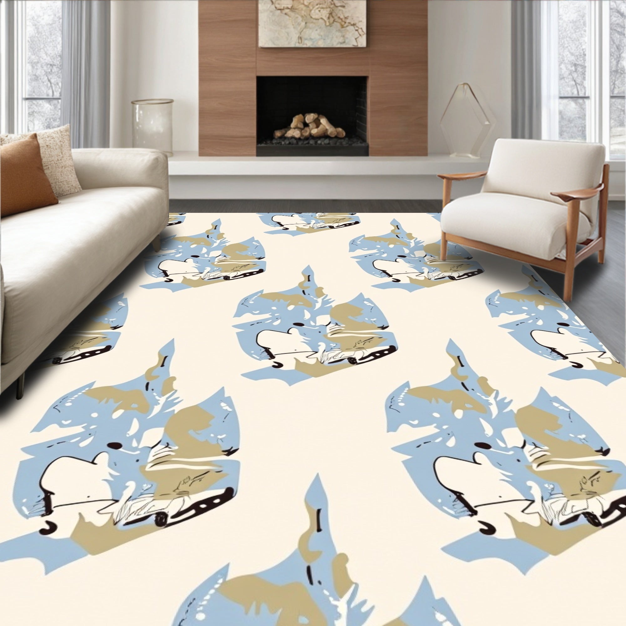 Abstract Blue Tan Sketchy Pattern Rug