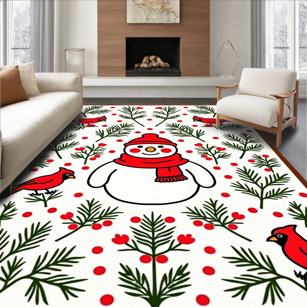 Charming Snowman Red Cardinal Folklore Rug