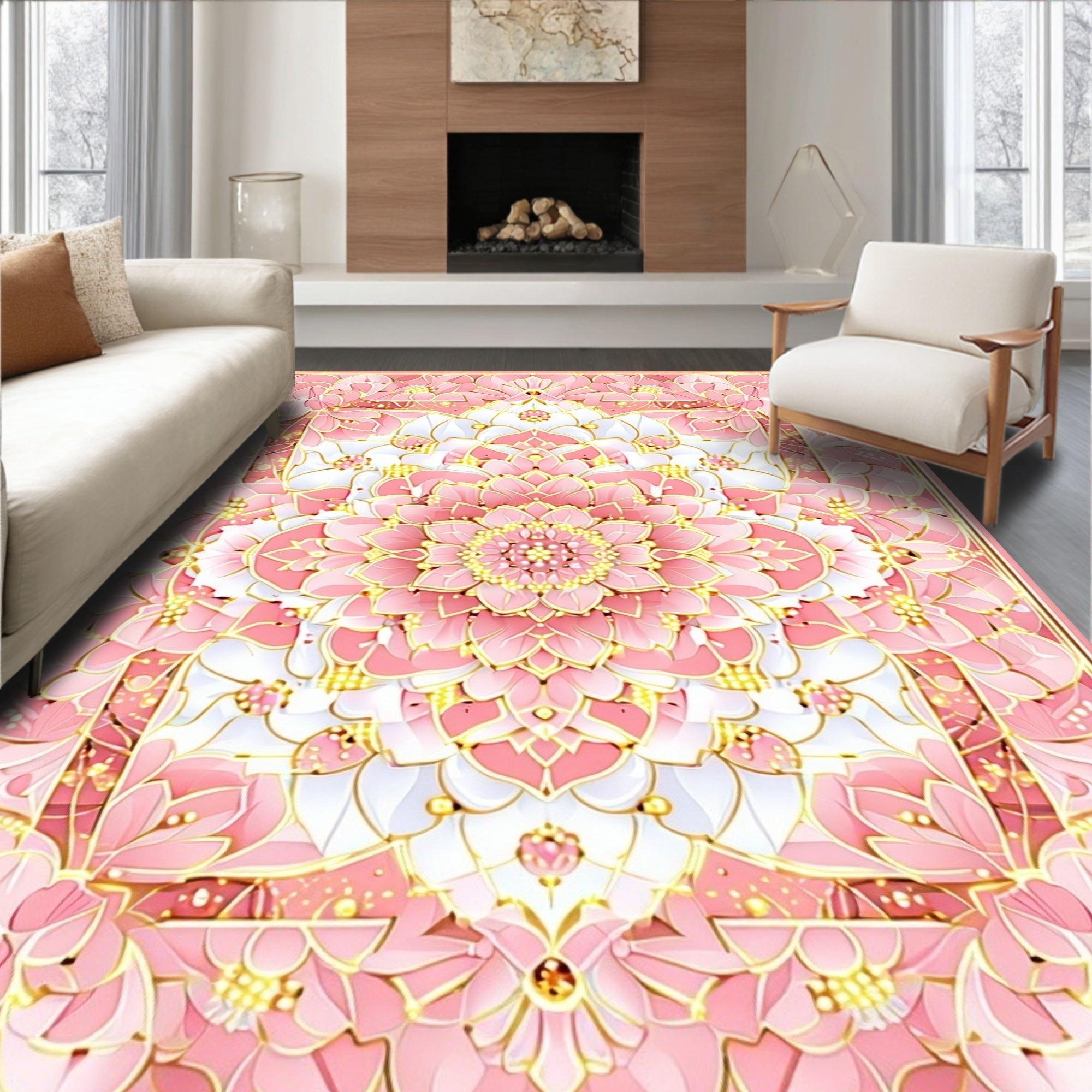 Pink Floral Mandala Pattern Rug