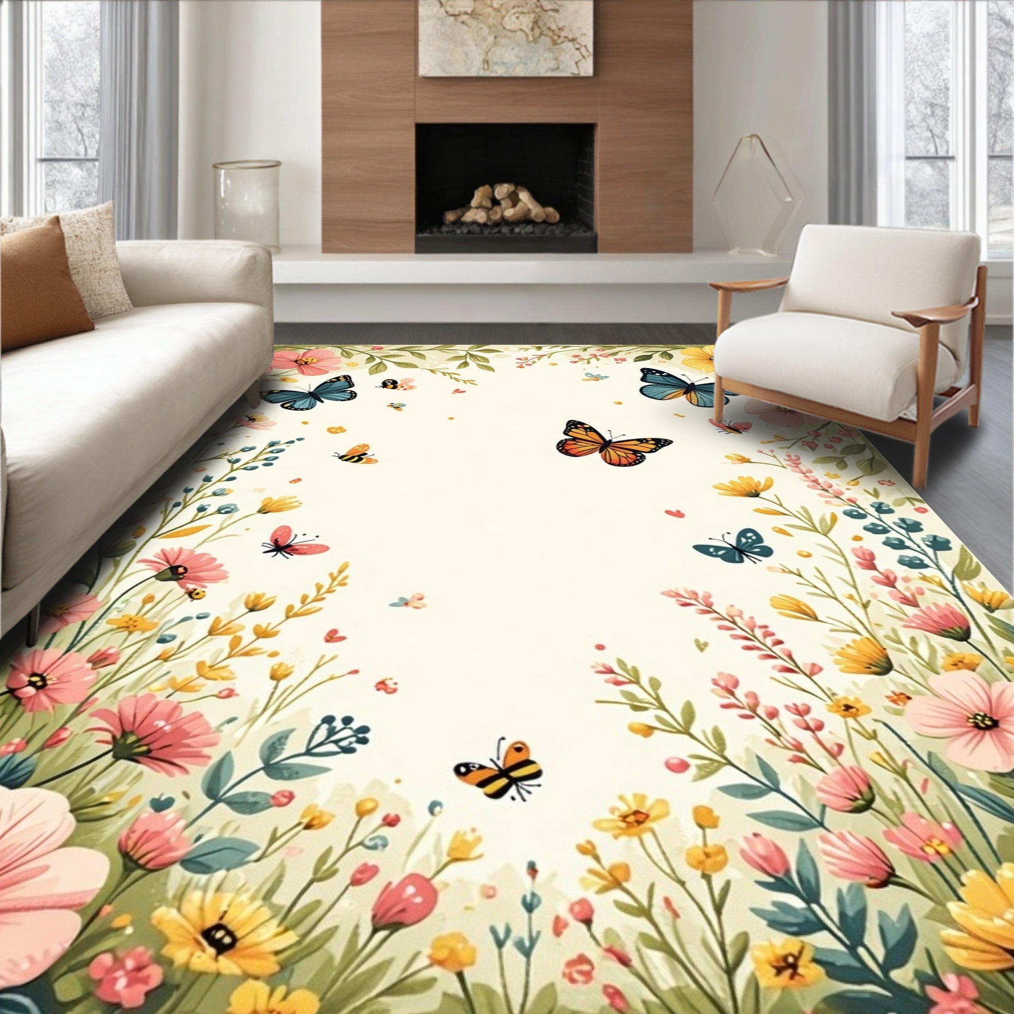 Whimsical Fluttering Butterflies Floral Garden Rug