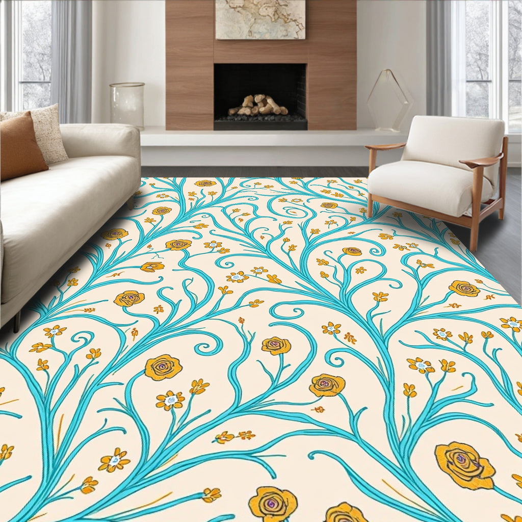 Turquoise Floral Whimsical Vine Pattern Rug