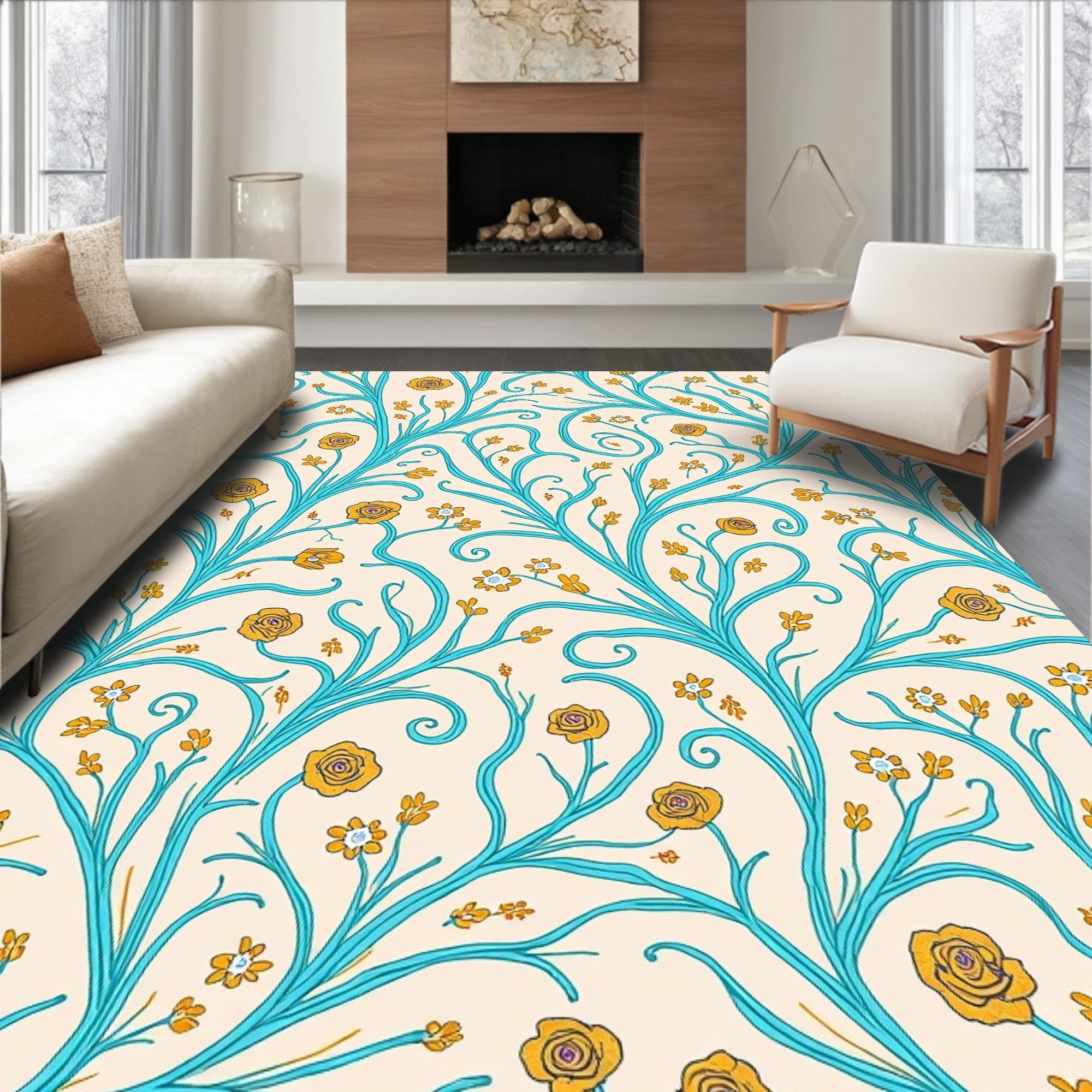 Turquoise Floral Whimsical Vine Pattern Rug
