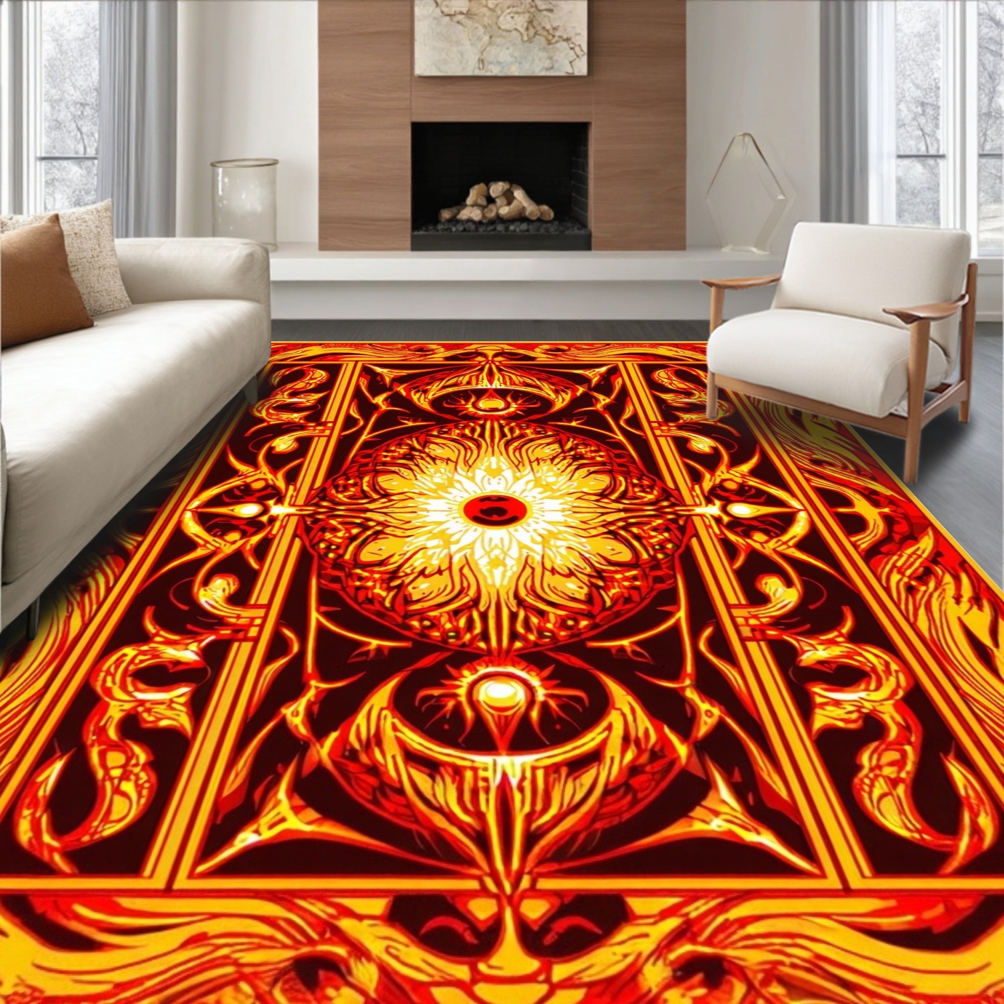 Fiery Abstract Sun Mandala Rug