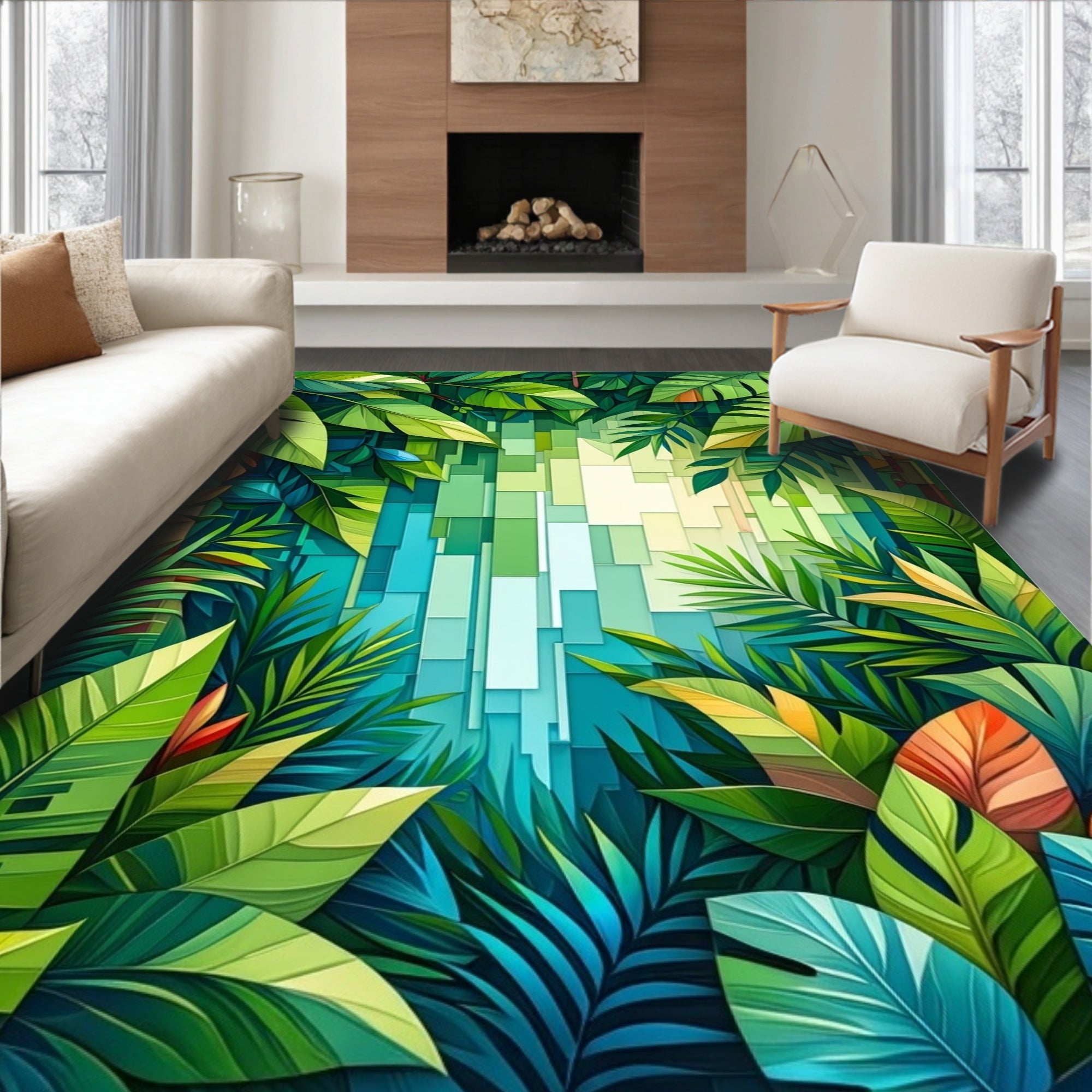 Lush Greenery With Teal Geometric Pattern Rug