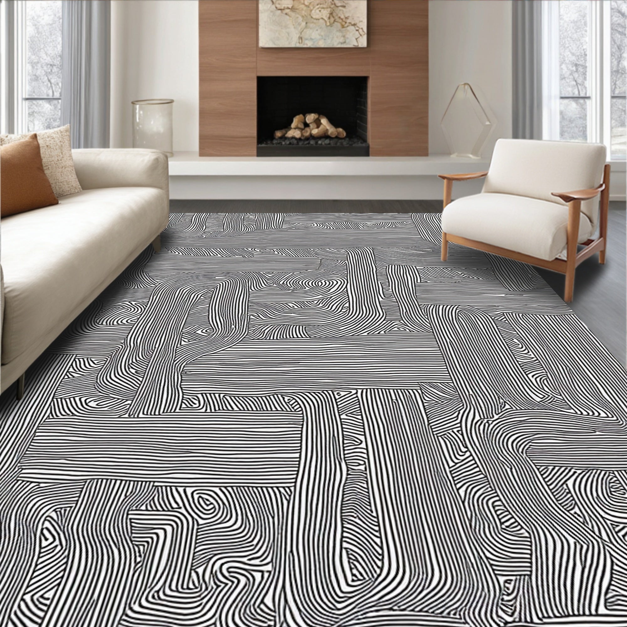 Monochrome Abstract Line Art Design Rug