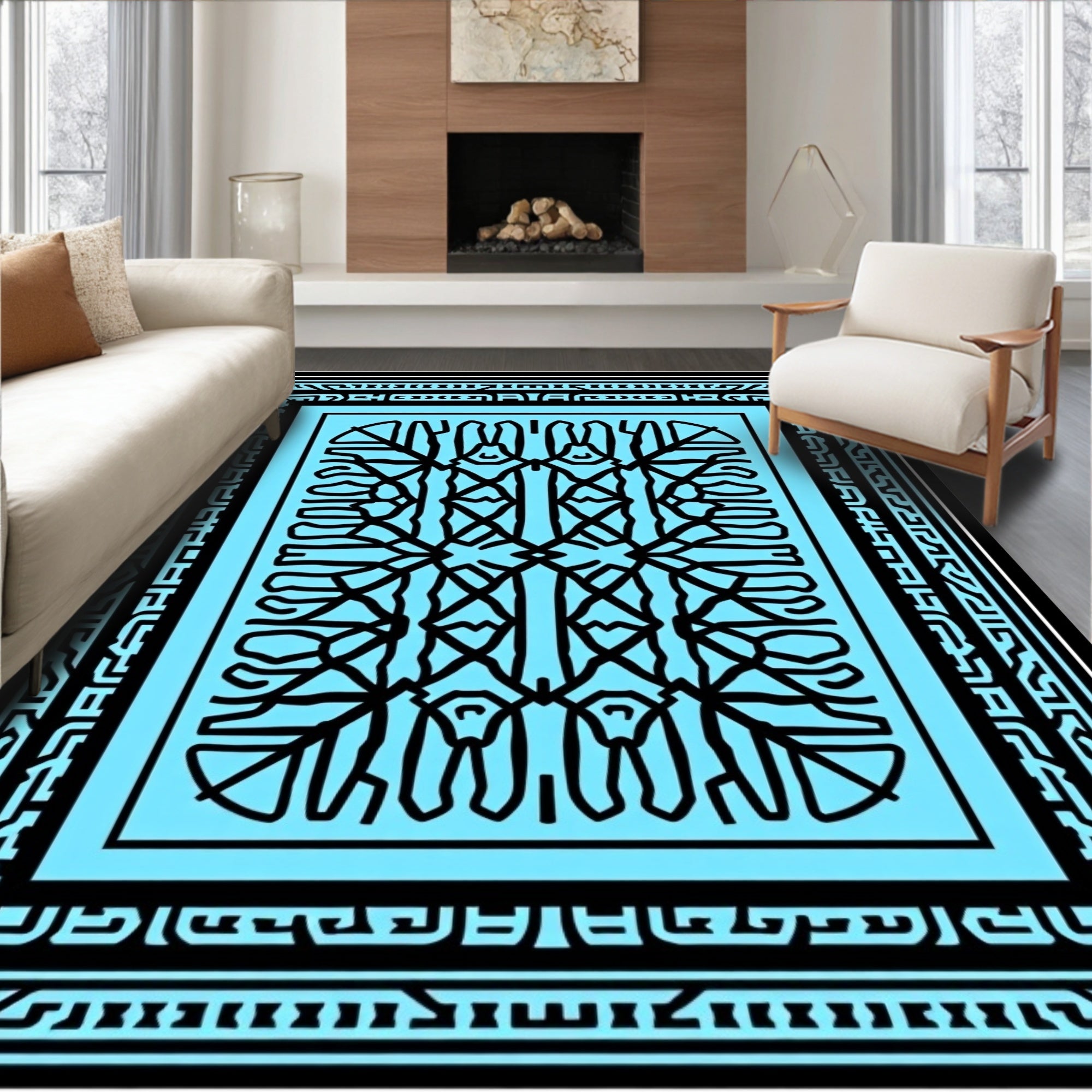 Bold Abstract Bunny Pattern Blue Rug