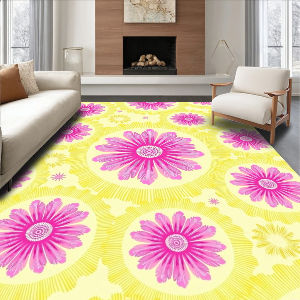 Pink Yellow Floral Sunburst Pattern Rug