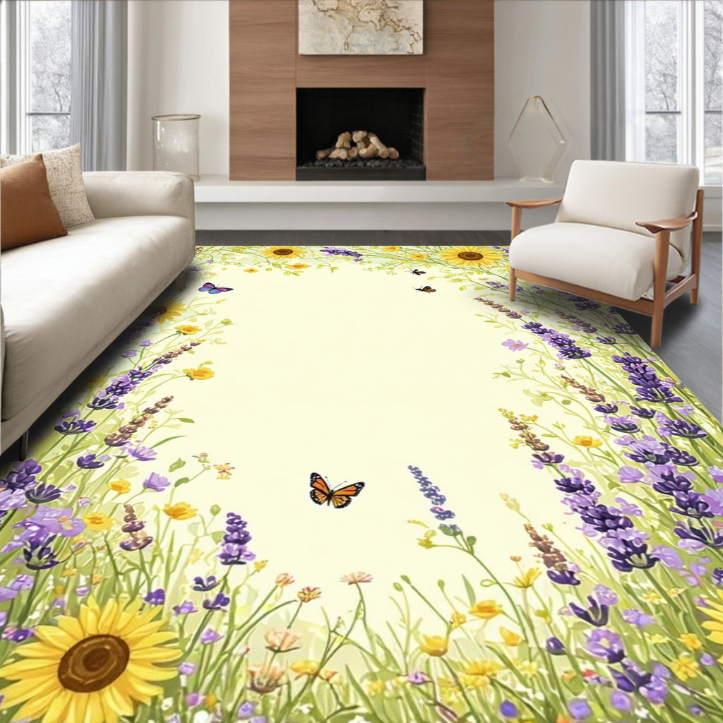 Whimsical Lavender Sunflower Butterfly Meadow Design Rug