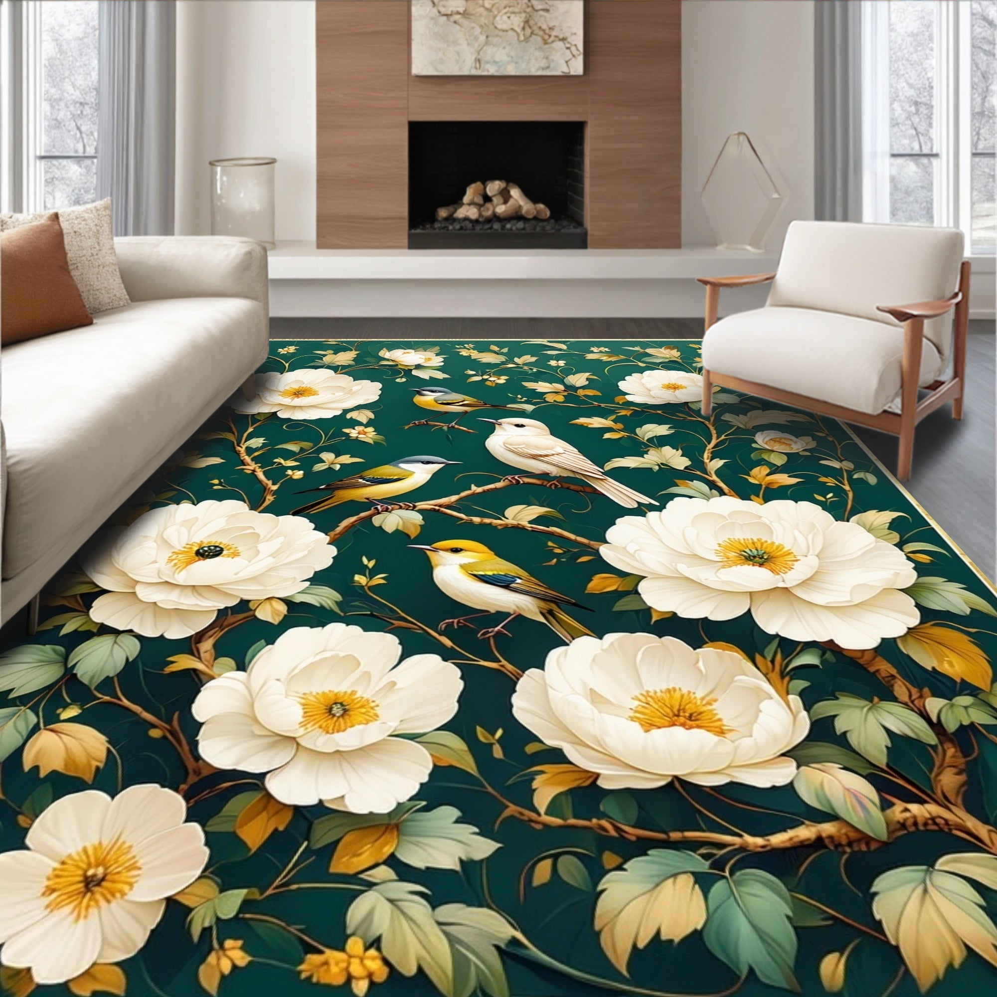 Ornate Floral Bird Art Rug