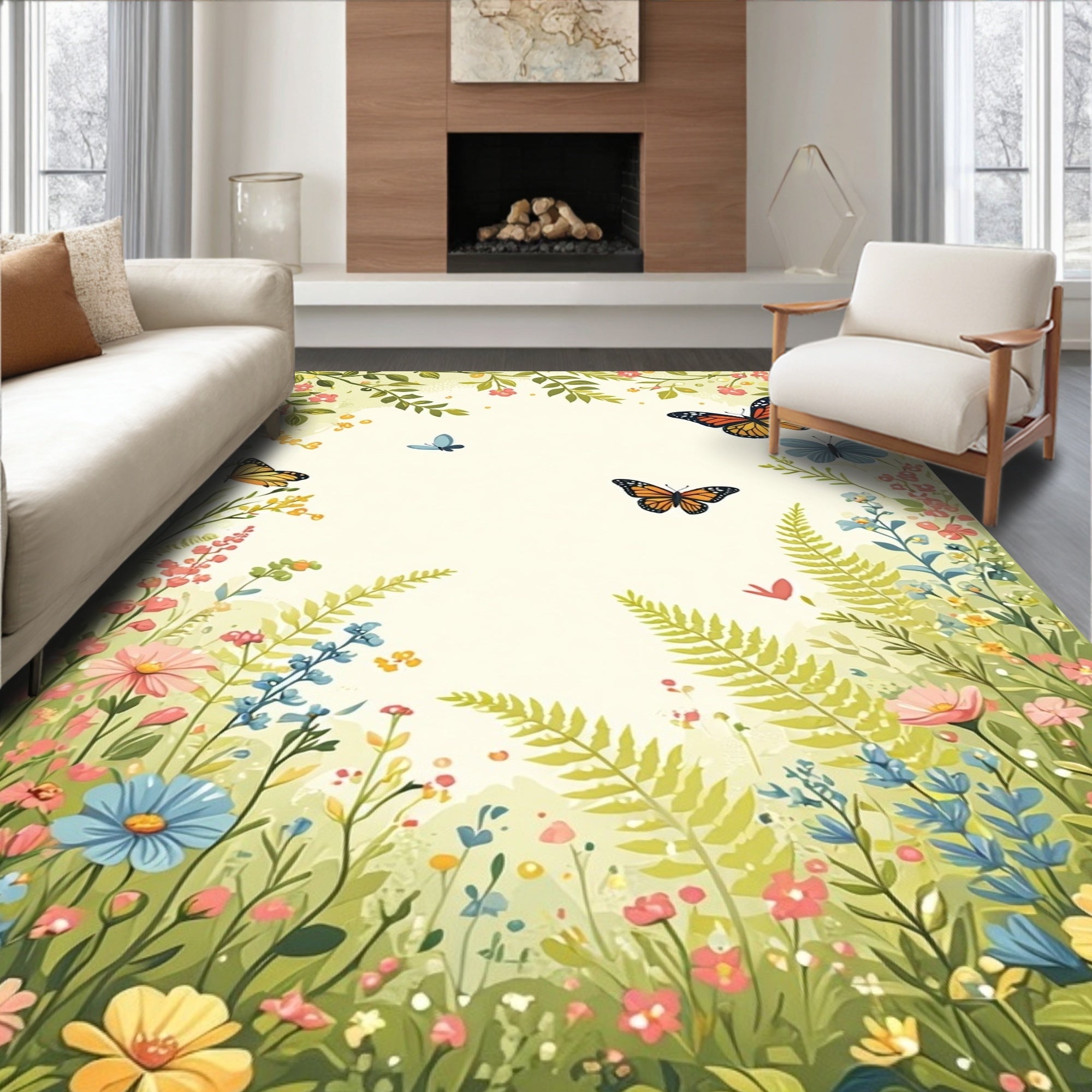 Whimsical Butterfly Garden Floral Rug