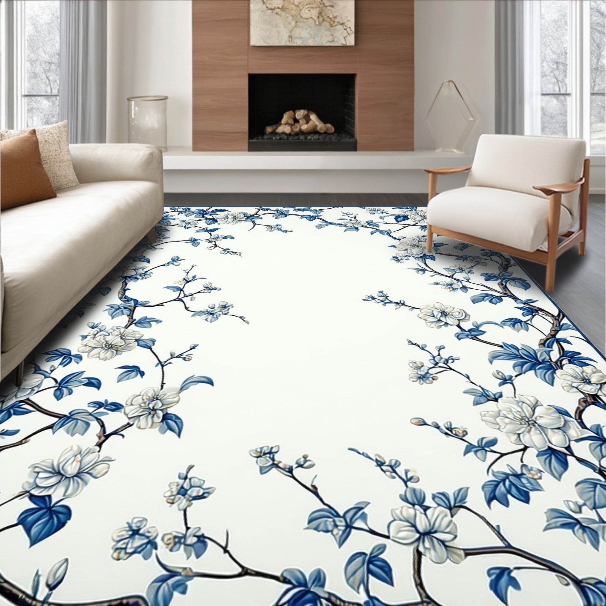 Classic White and Blue Floral Vine Rug
