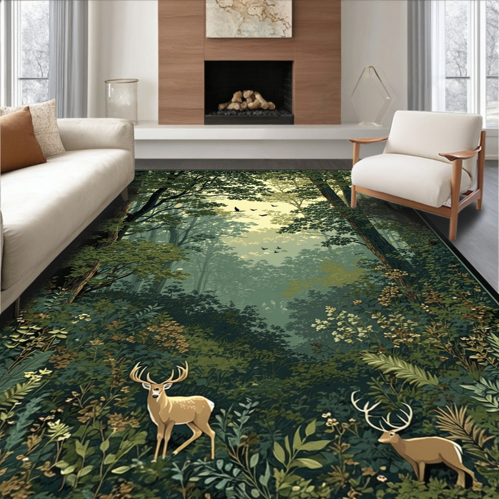 Woodland Deer With Birds Pattern Rug