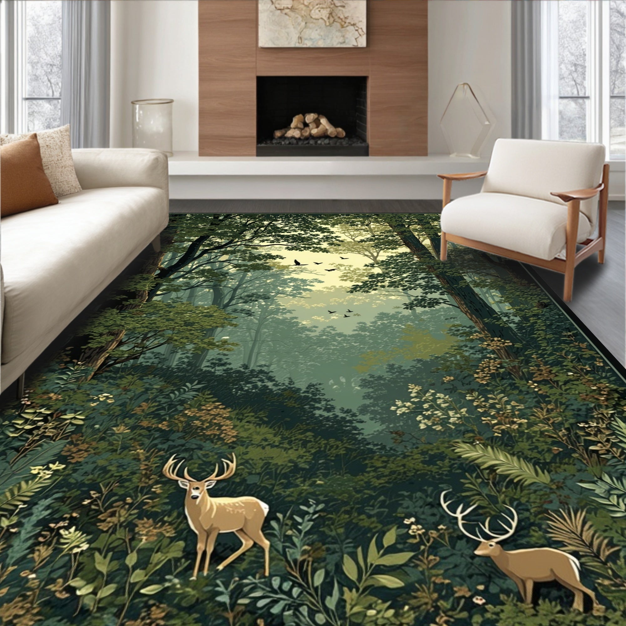 Woodland Deer With Birds Pattern Rug