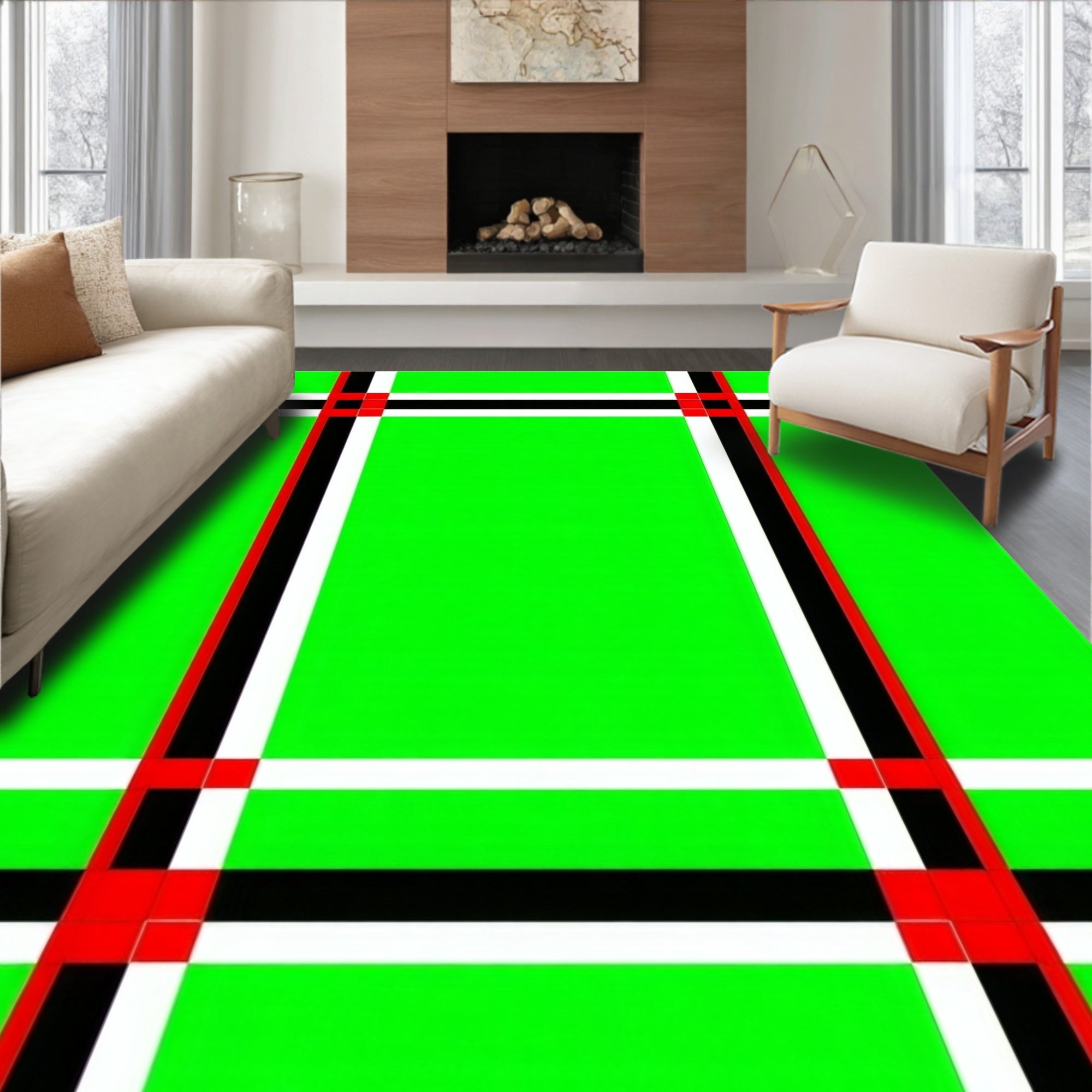 Bold Green Red Black Grid Pattern Rug