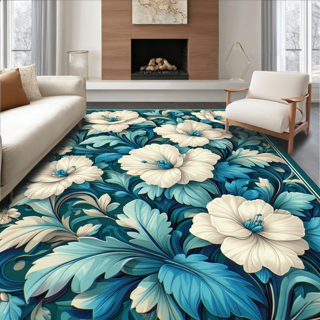 White Floral Teal Leaf Pattern Rug