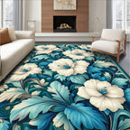 White Floral Teal Leaf Pattern Rug