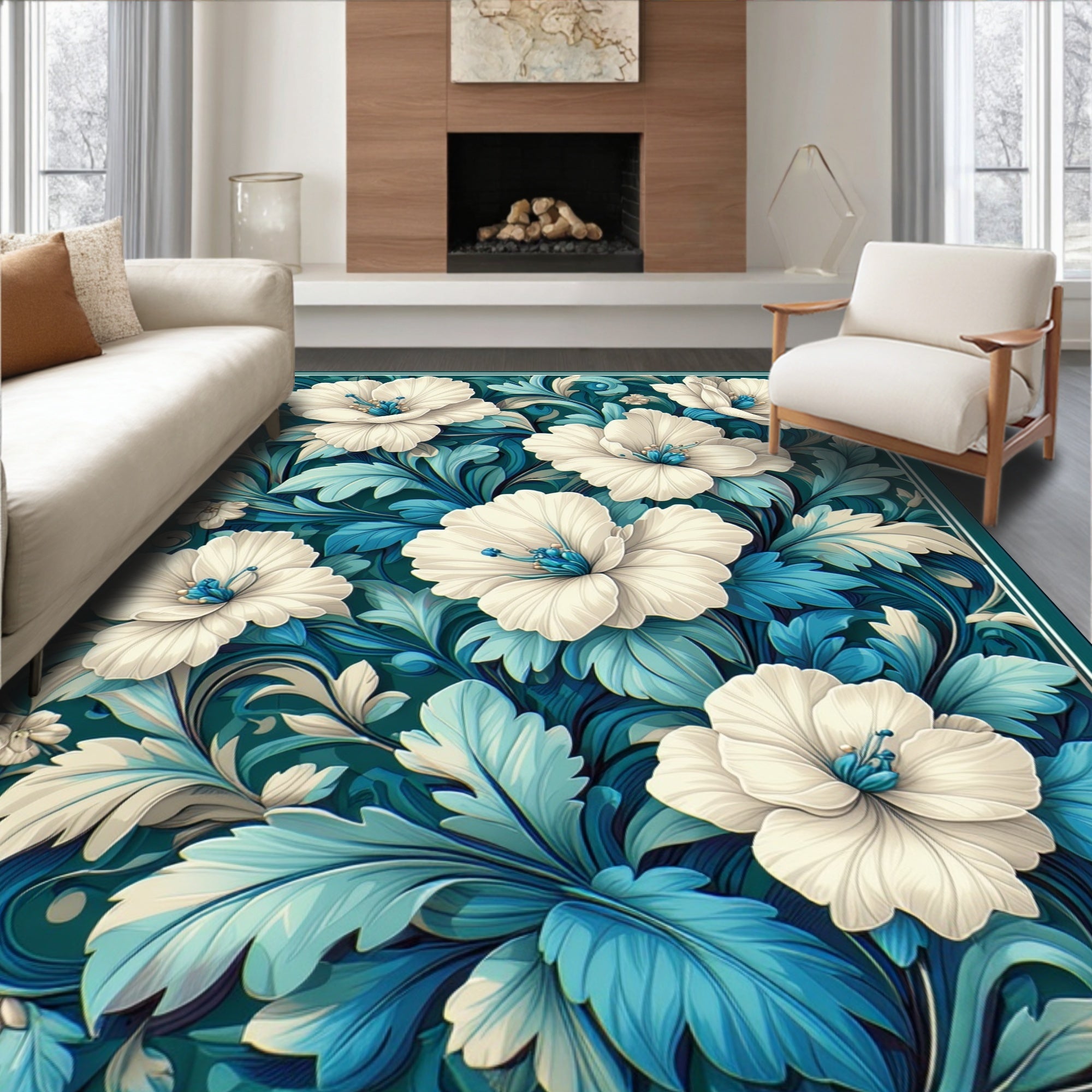 White Floral Teal Leaf Pattern Rug