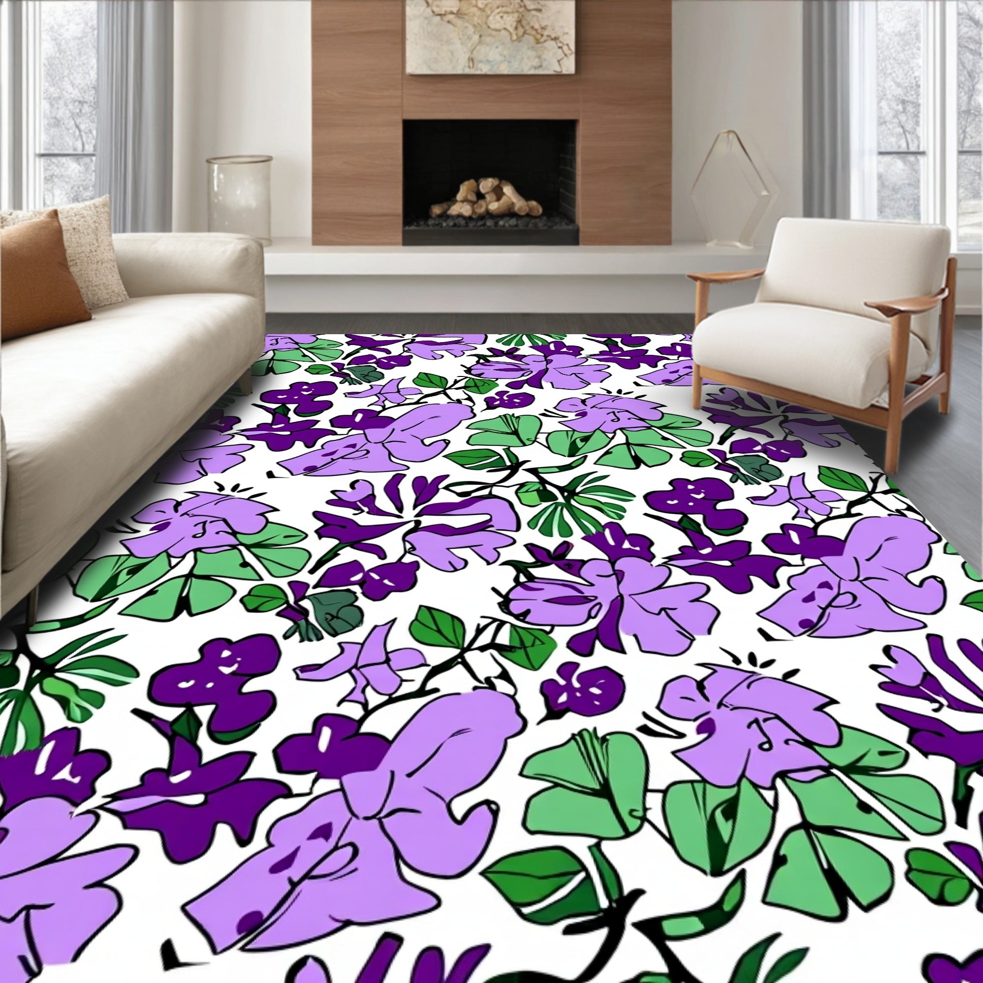 Vibrant Lilac Floral Tropical Pattern Rug