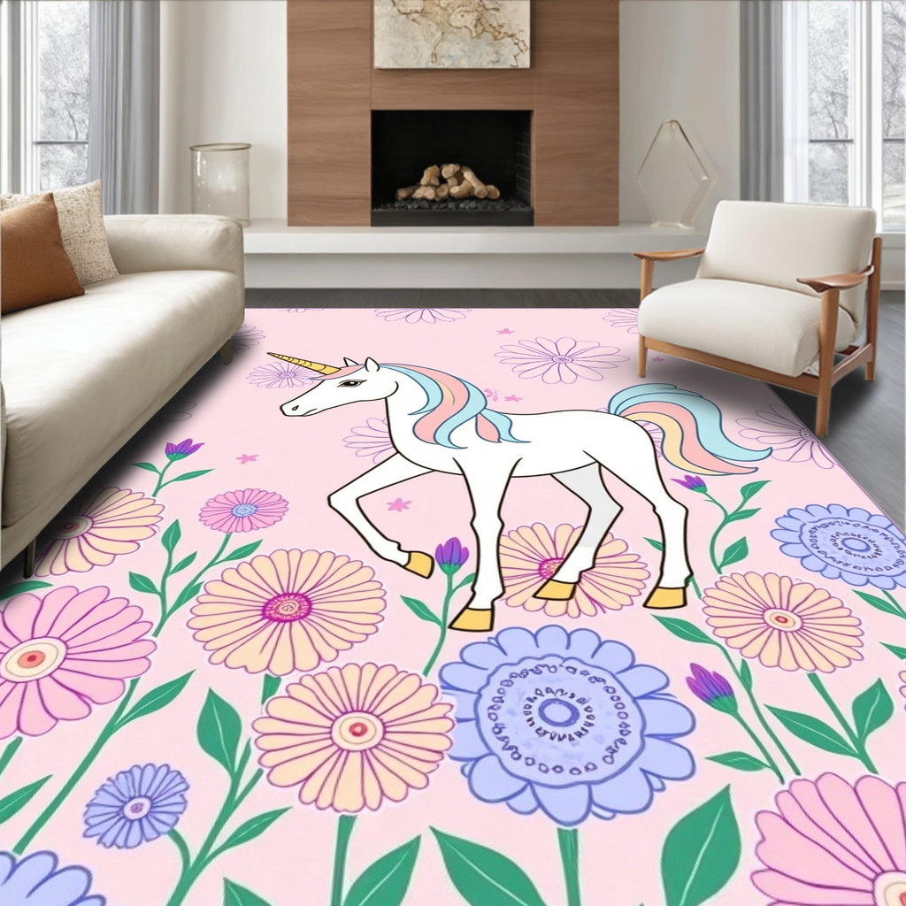 Whimsical Unicorn Flower Garden Art Rug
