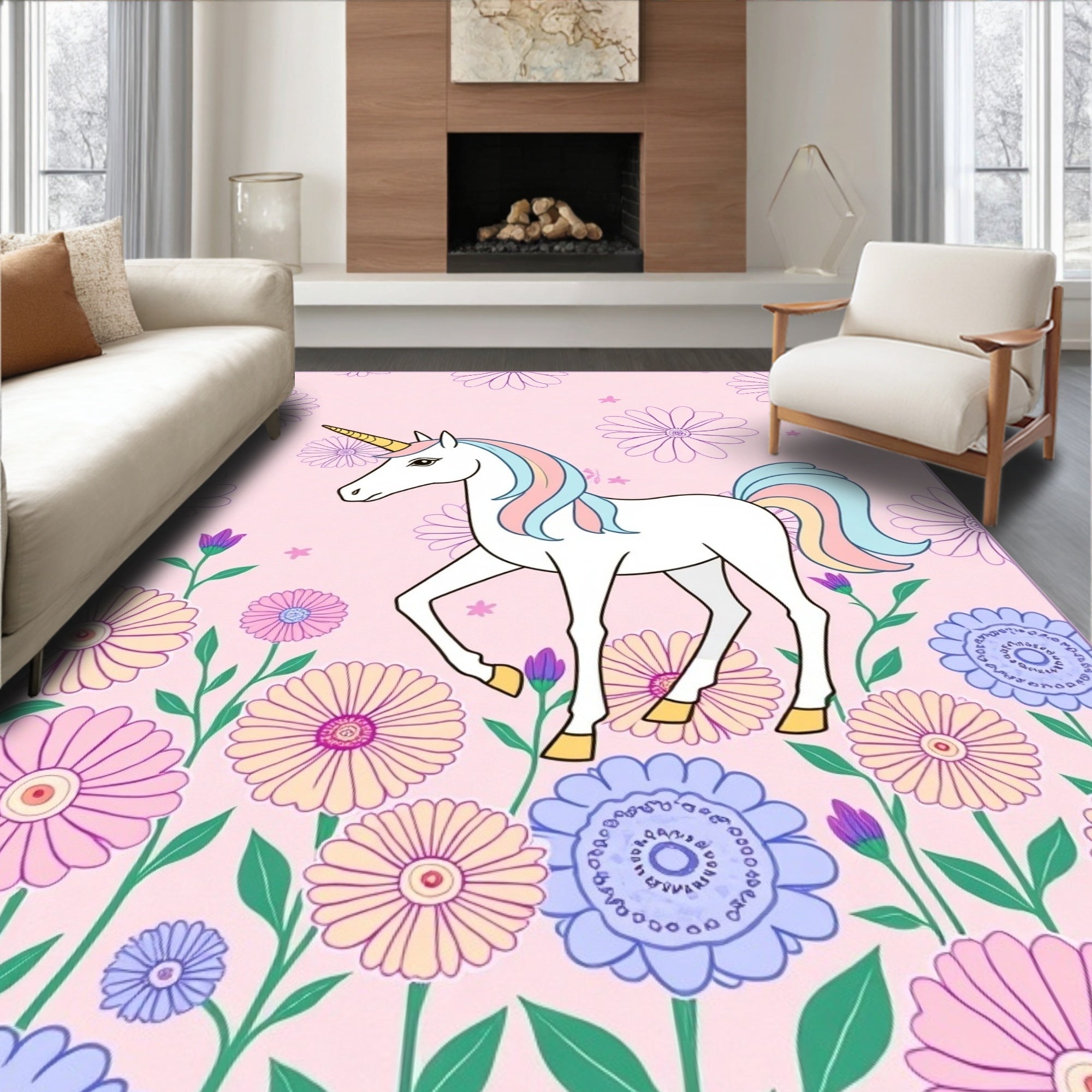 Whimsical Unicorn Flower Garden Art Rug