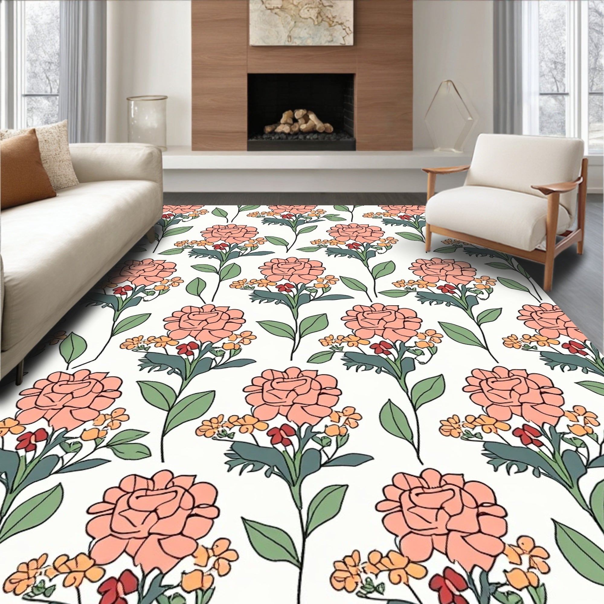 Coral Floral Botanical Pattern Rug