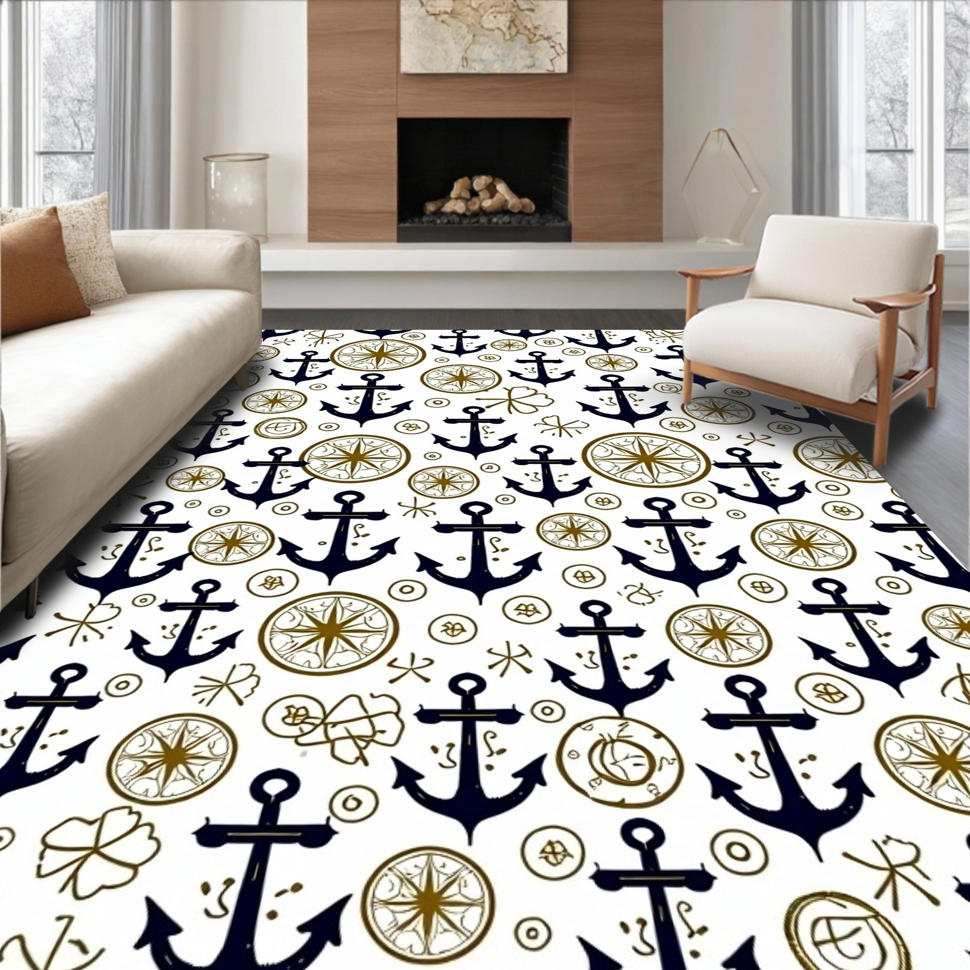 Nautical Navy Anchor Compass Roses Rug