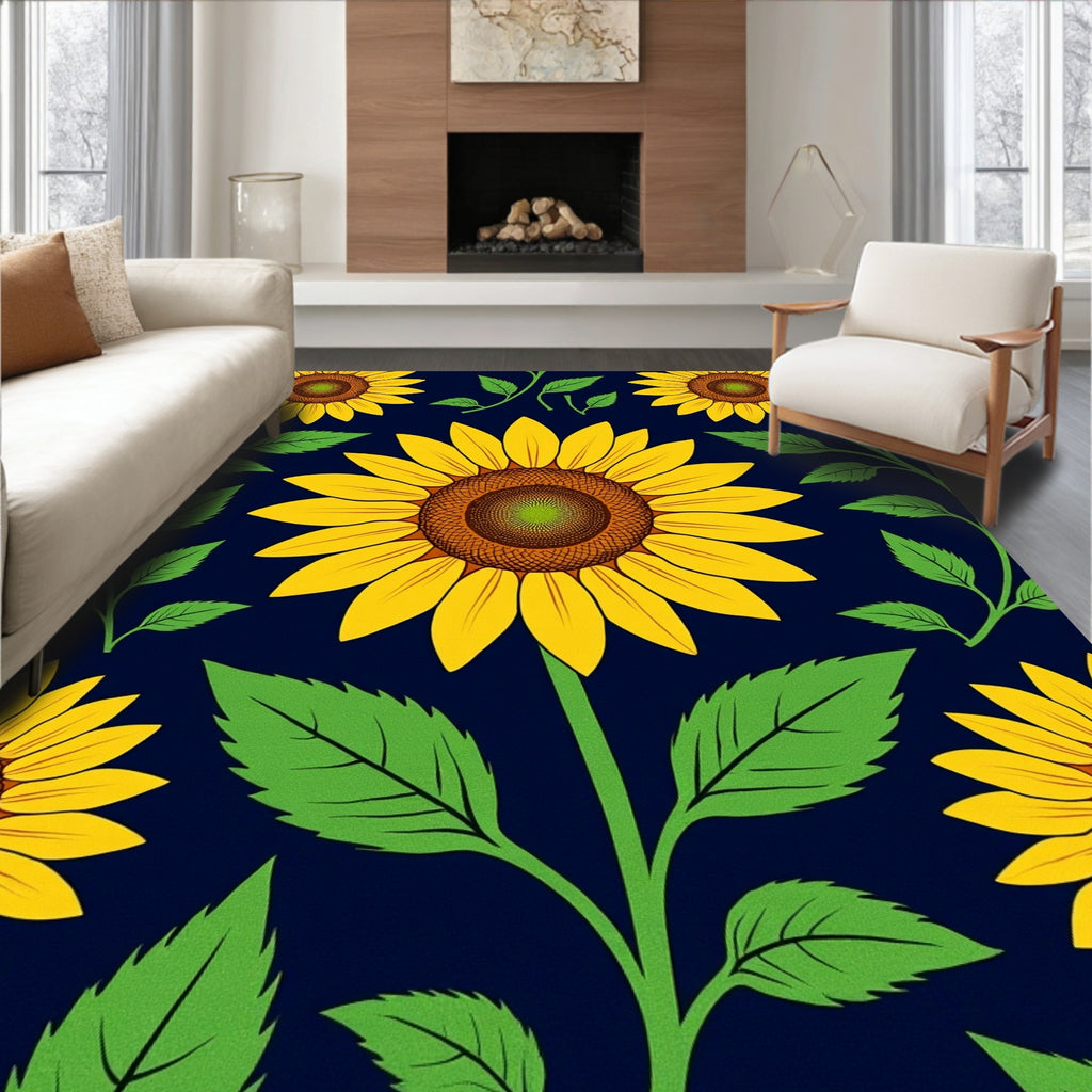 Bold Yellow Sunflower Botanical Pattern Rug