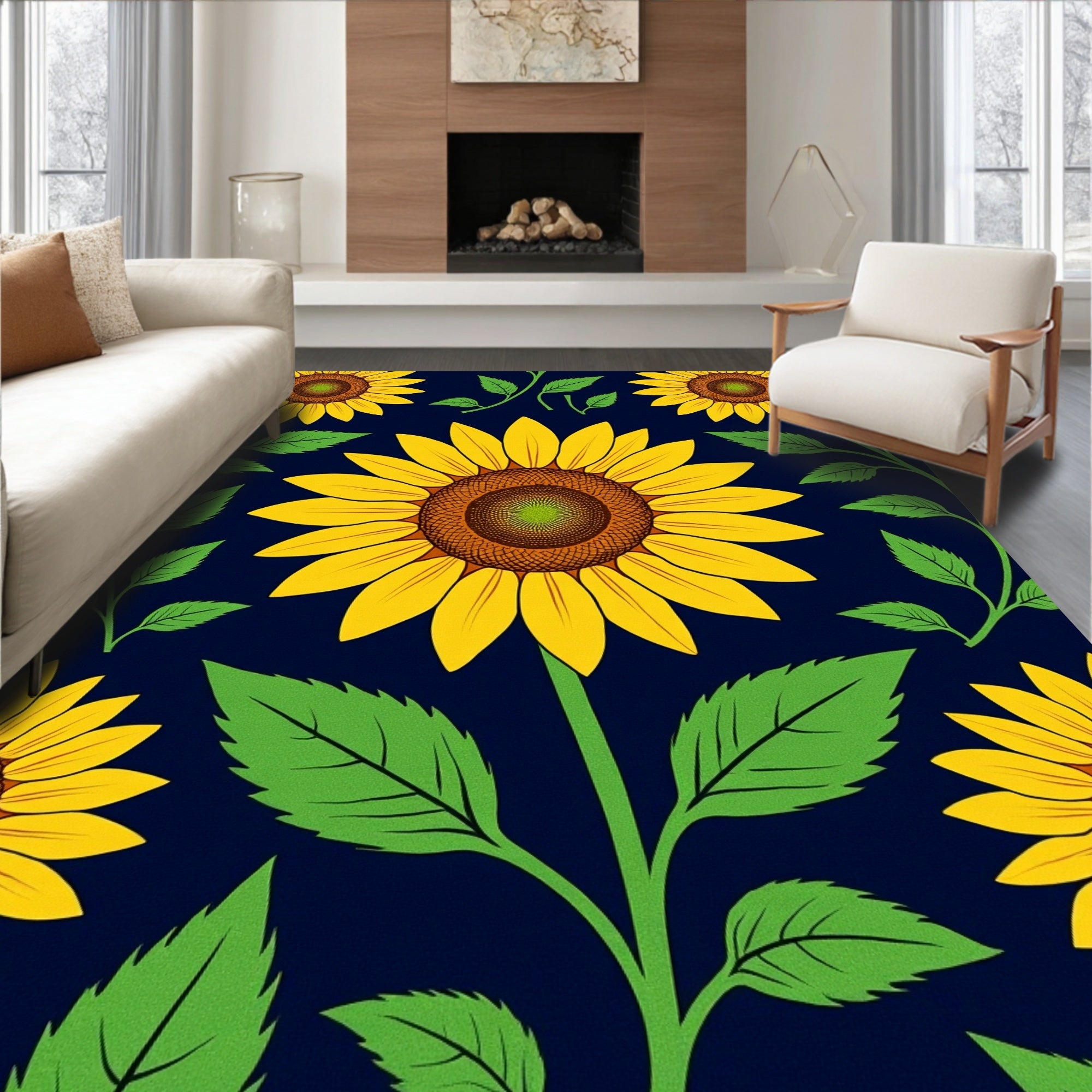 Bold Yellow Sunflower Botanical Pattern Rug