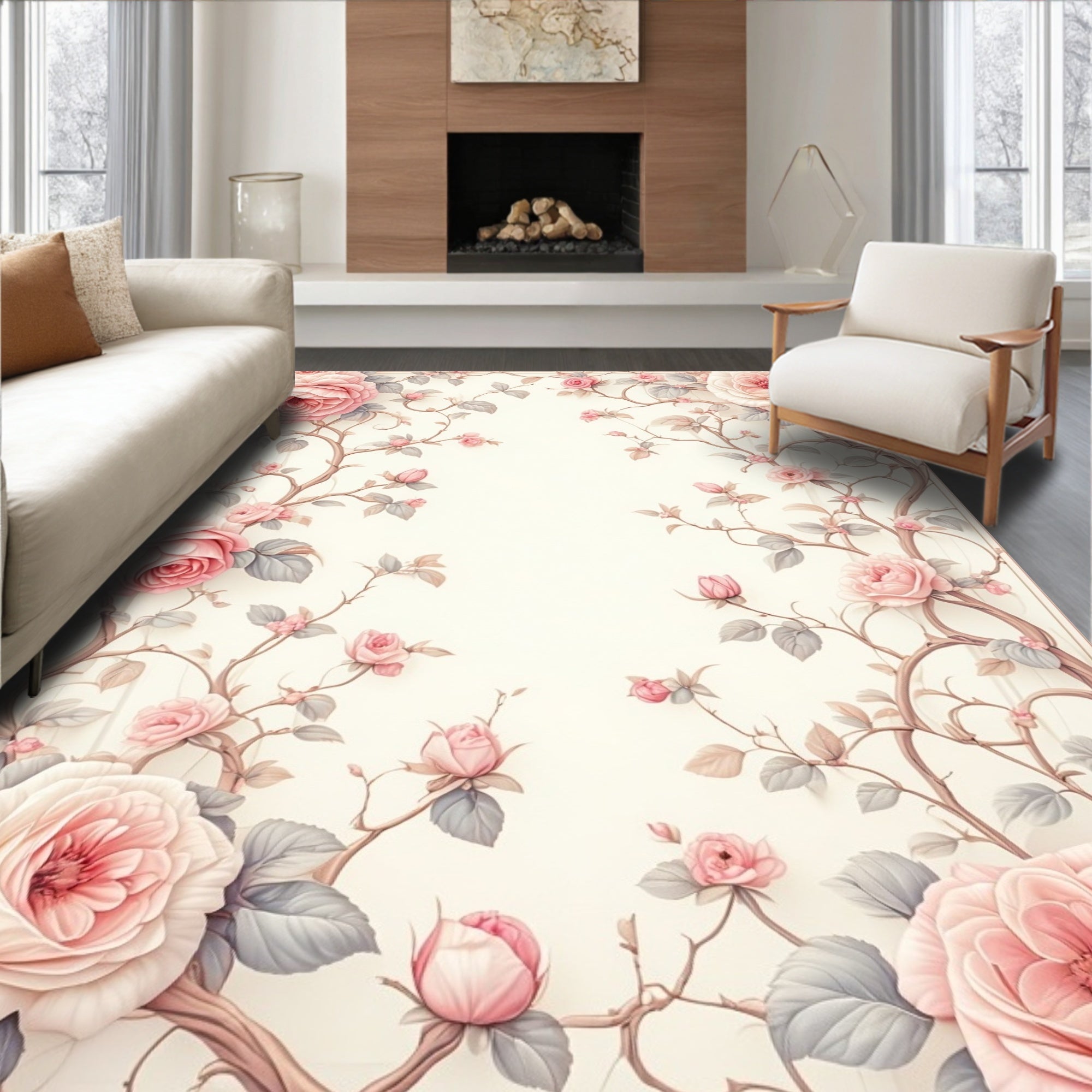 Soft Pink Floral Vine Pattern Rug