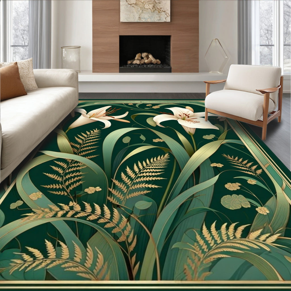 Elegant Lily Fern Botanical Art Rug