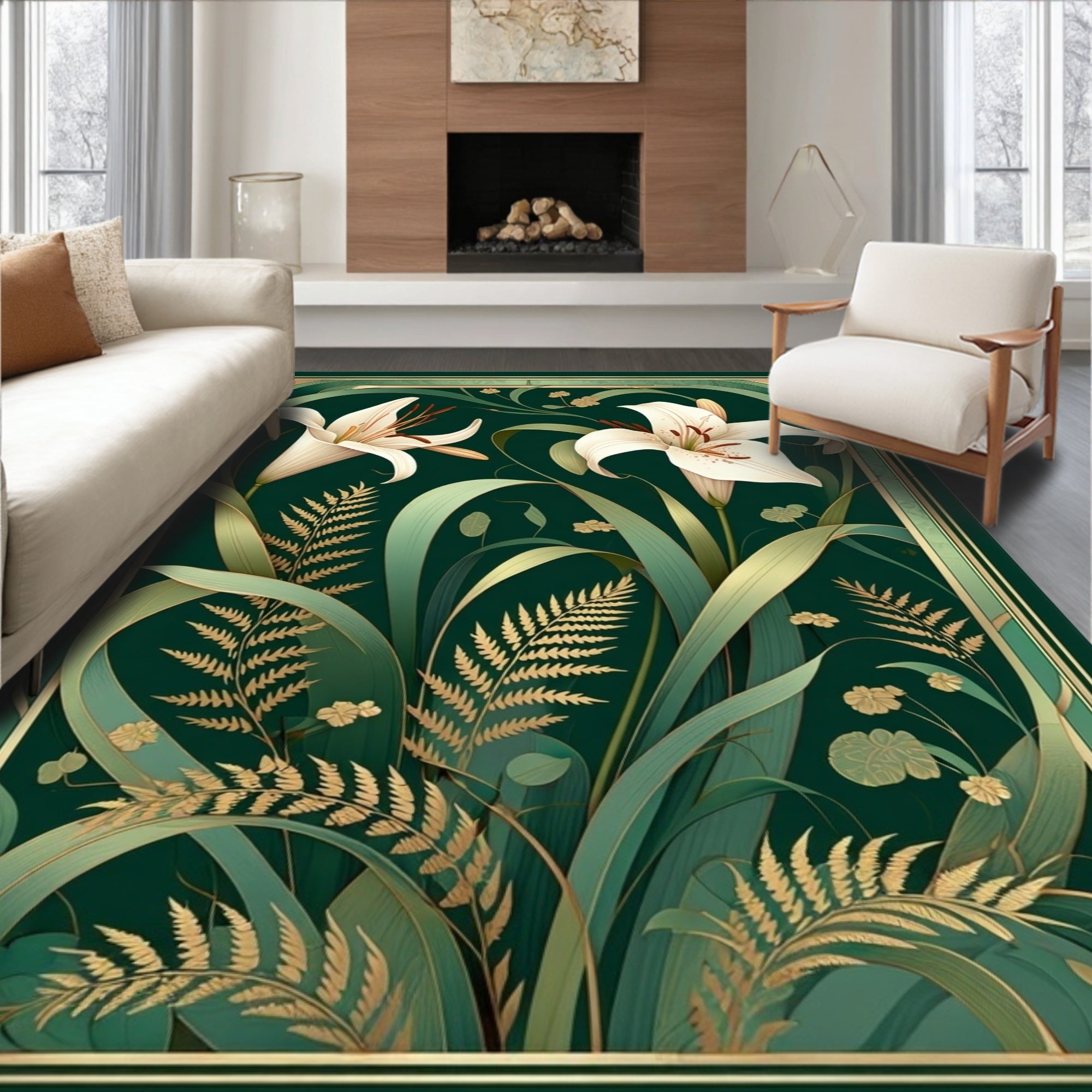 Elegant Lily Fern Botanical Art Rug