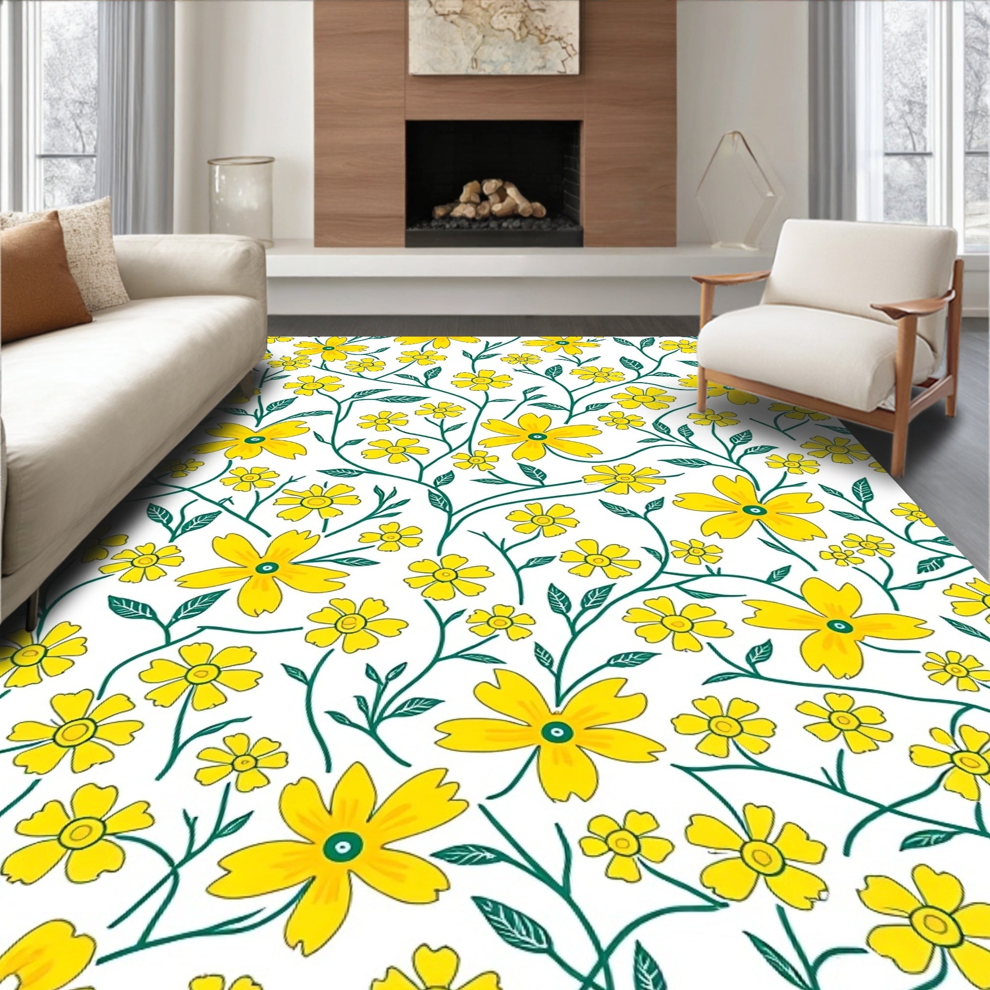 Yellow Floral Vines Pattern Rug