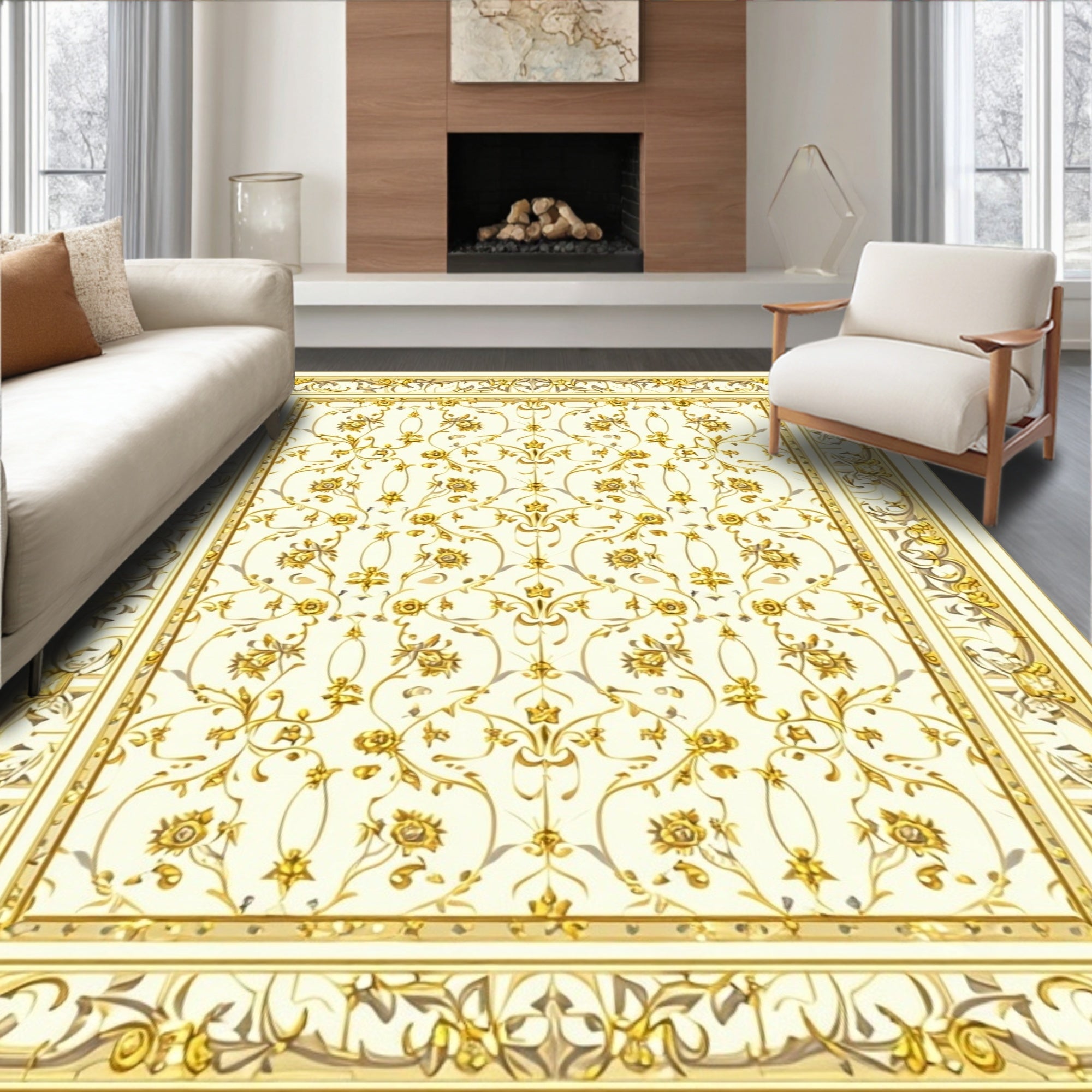 Elegant Gold Floral Scroll Pattern Rug
