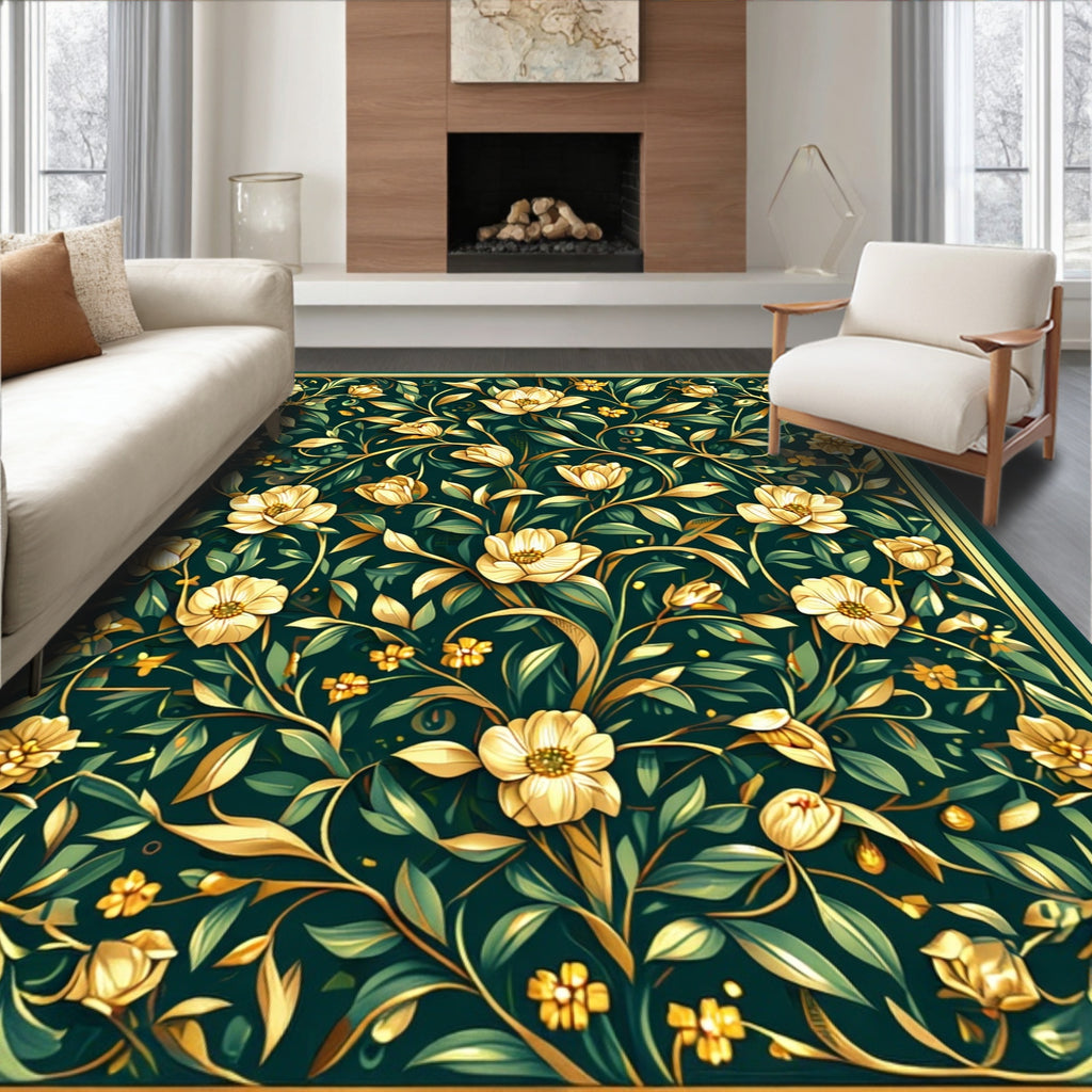 Golden floral pattern on dark green background Rug