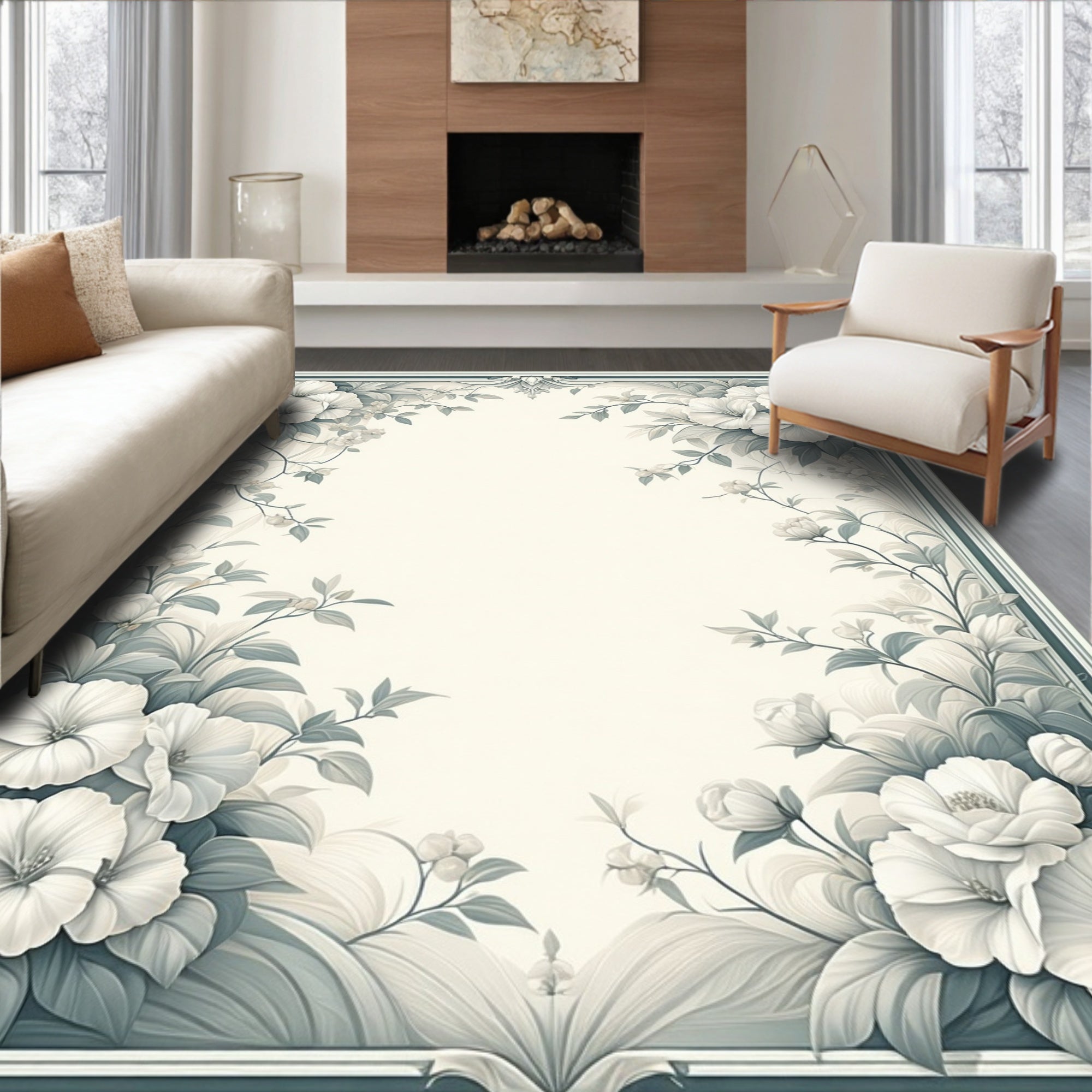 Botanical Garden White Floral Design Rug