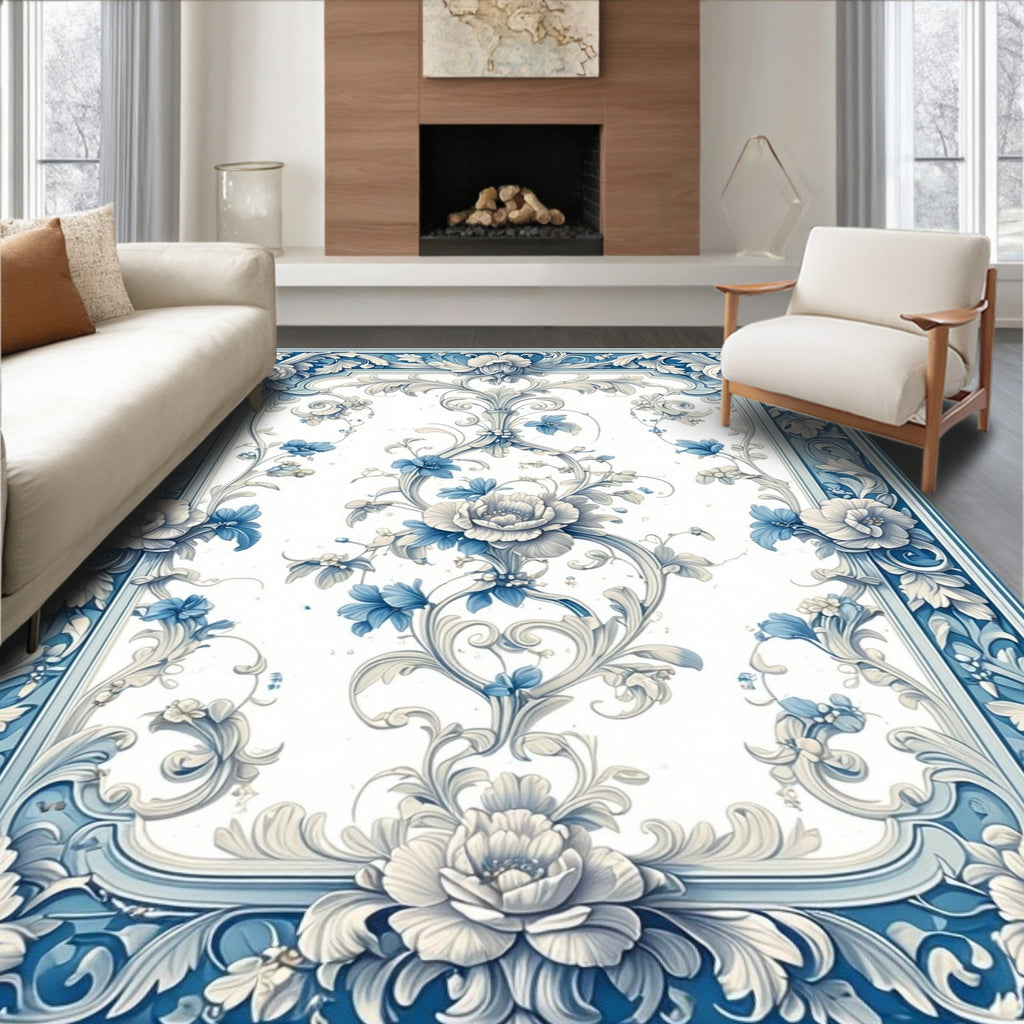 Blue White Floral Scroll Pattern Rug