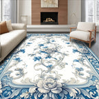 Blue White Floral Scroll Pattern Rug
