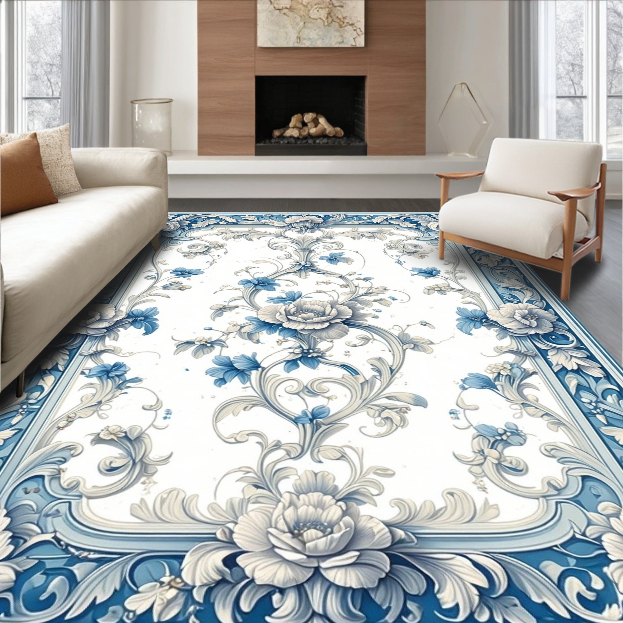 Blue White Floral Scroll Pattern Rug
