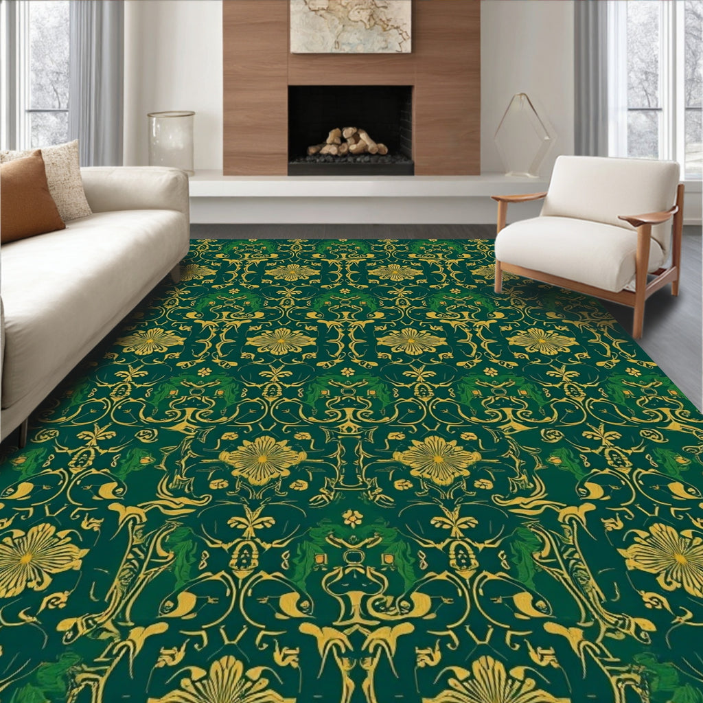 Emerald Golden Floral Damask Pattern Rug
