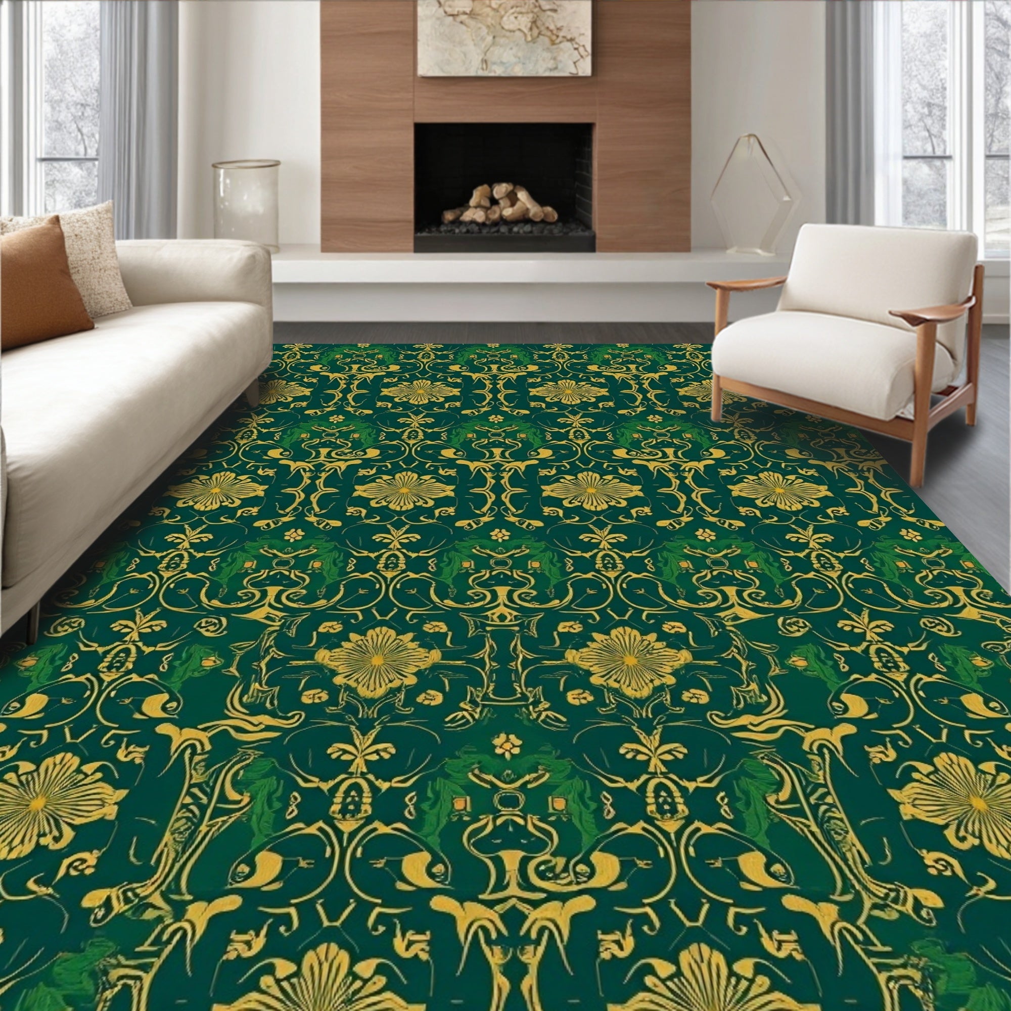 Emerald Golden Floral Damask Pattern Rug
