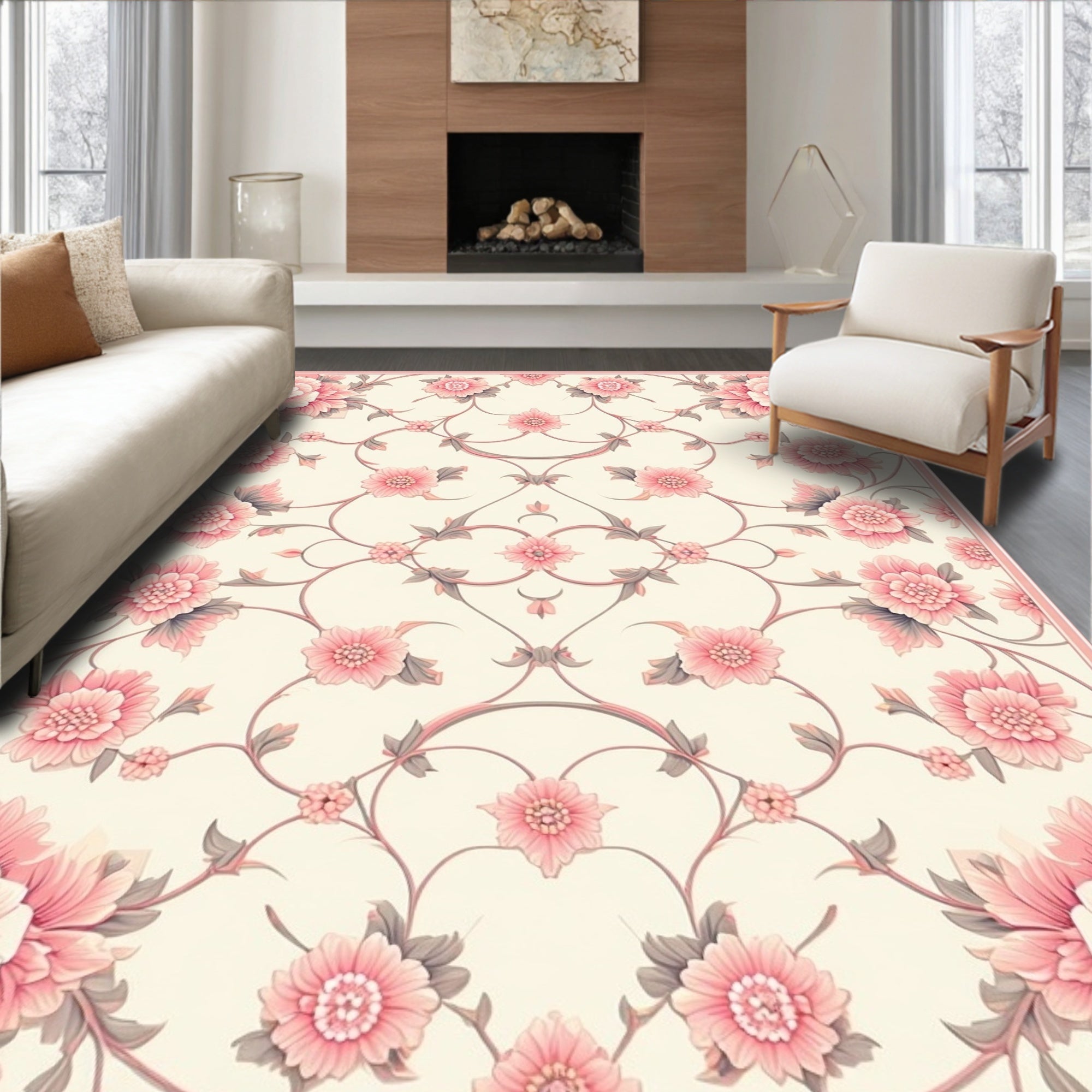 Pink Floral Pattern With Swirling Vines Rug