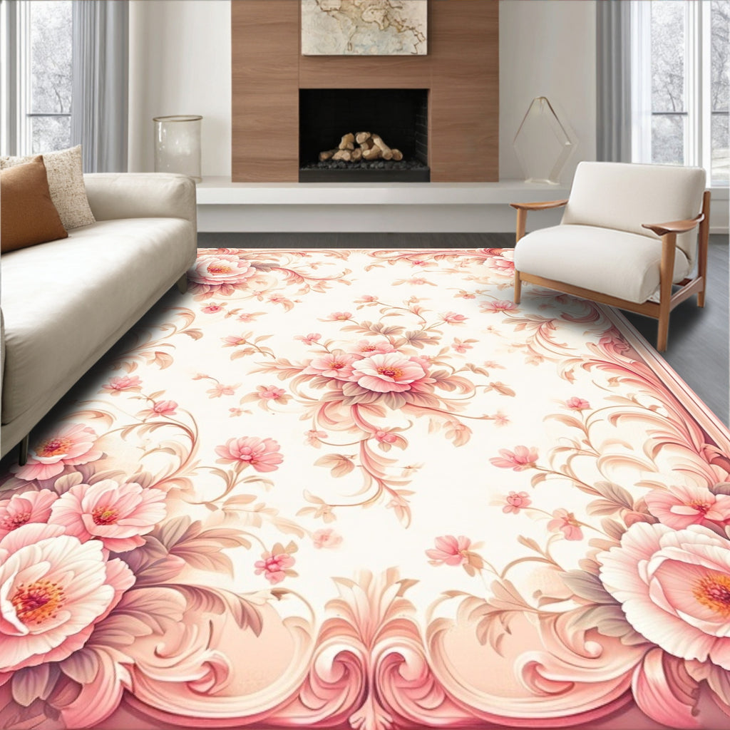 Pink Floral Scrollwork Patterned Rug