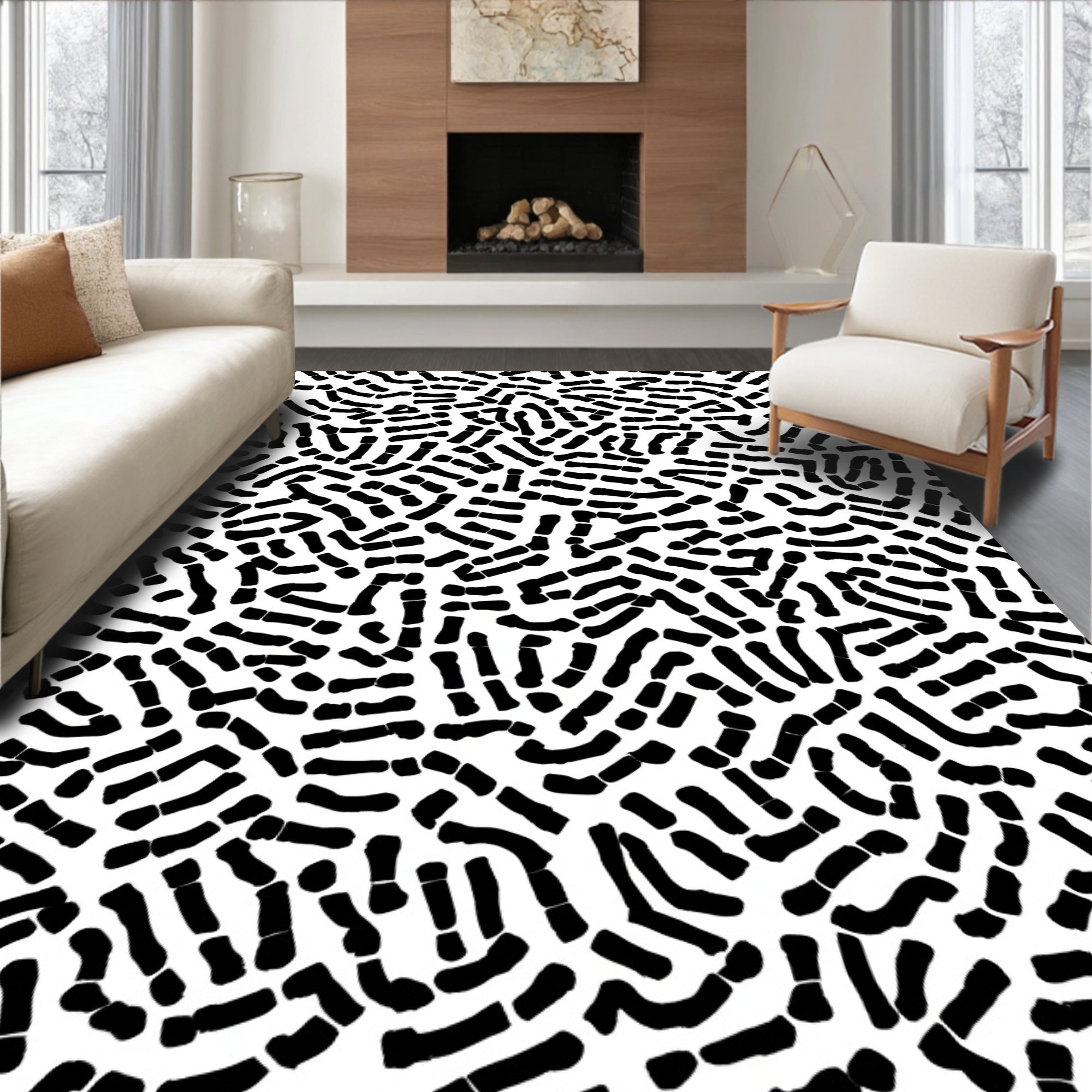 Bold Black White Organic Pattern Rug