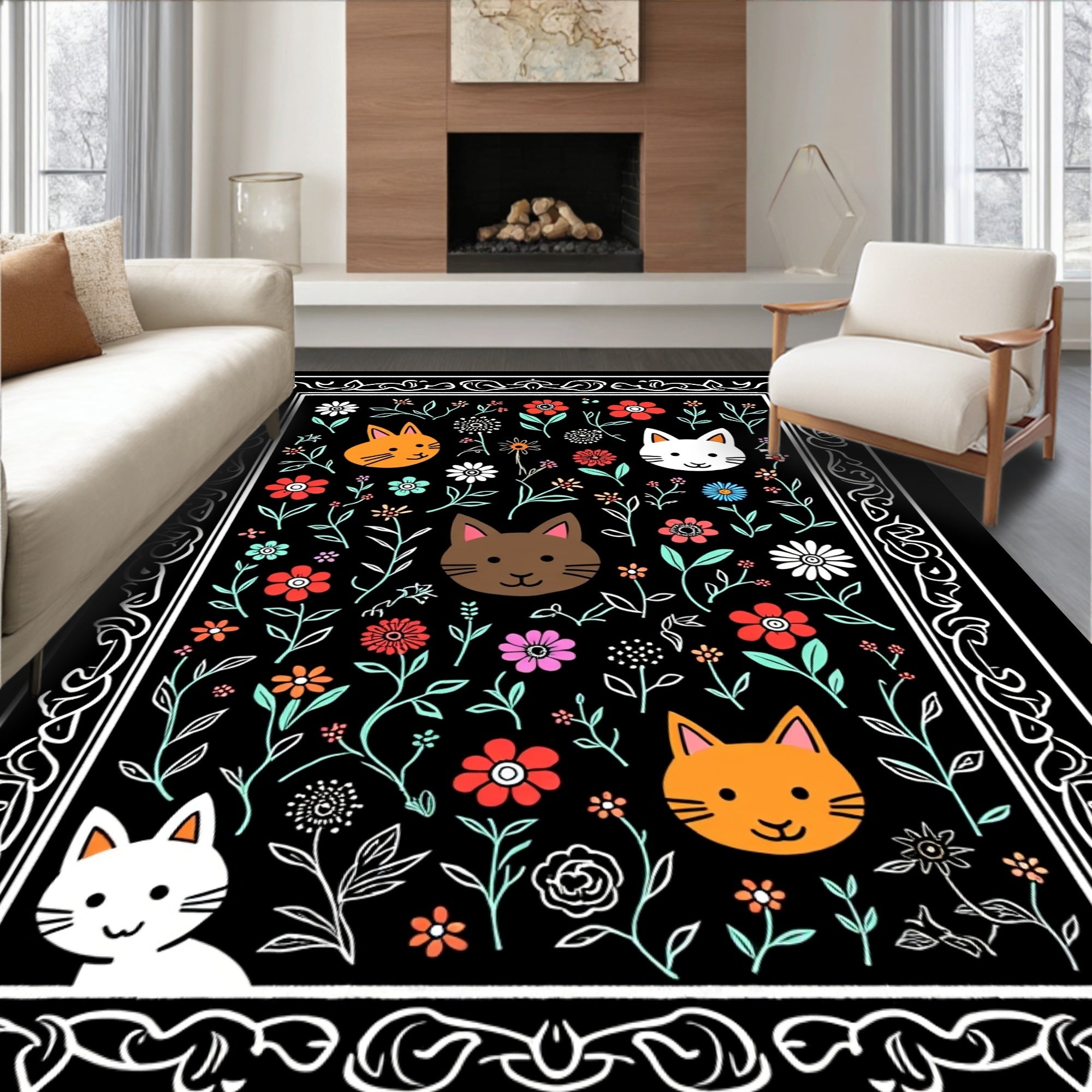 Whimsical Floral Cat Faces Pattern Rug