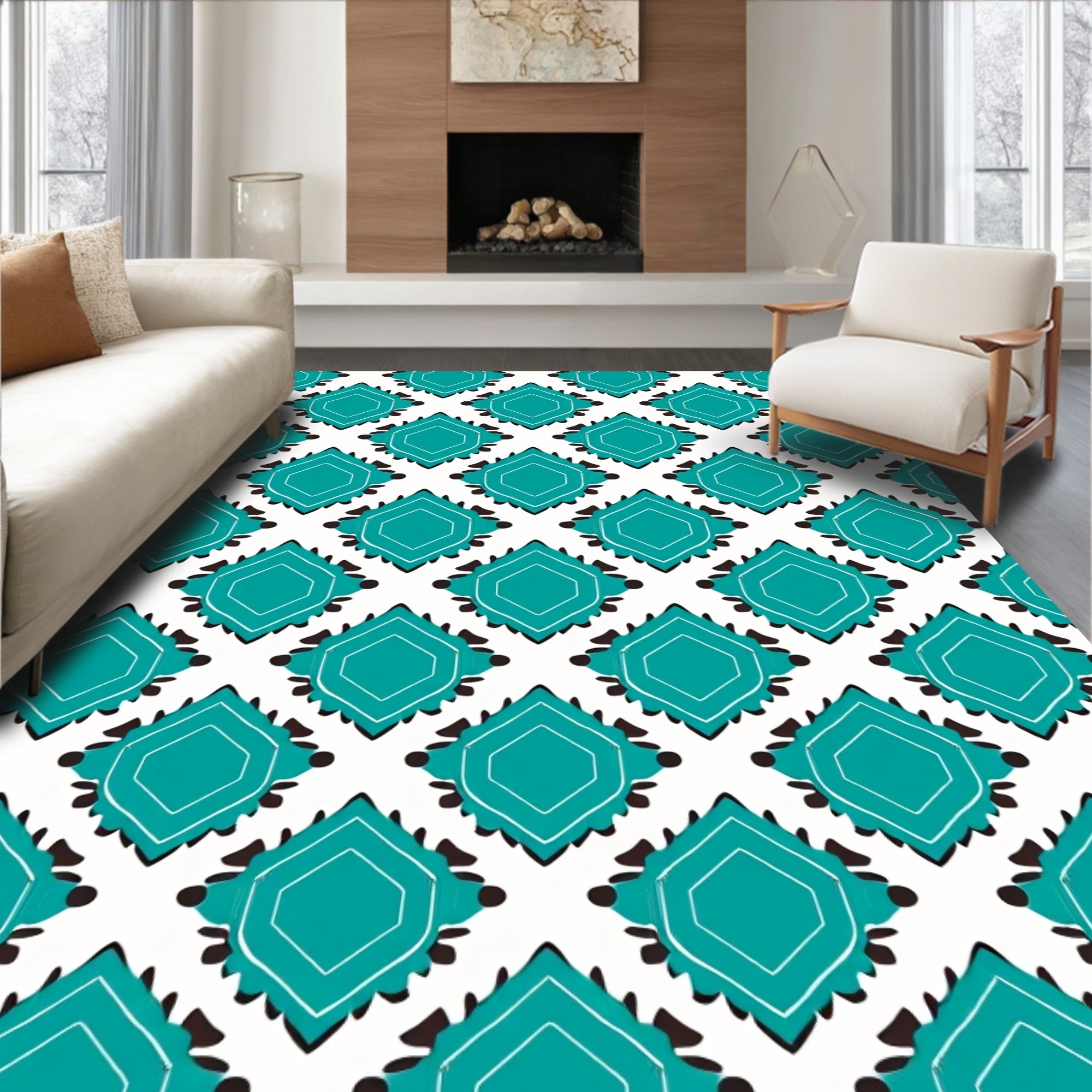 Teal Geometric Diamond Pattern Rug