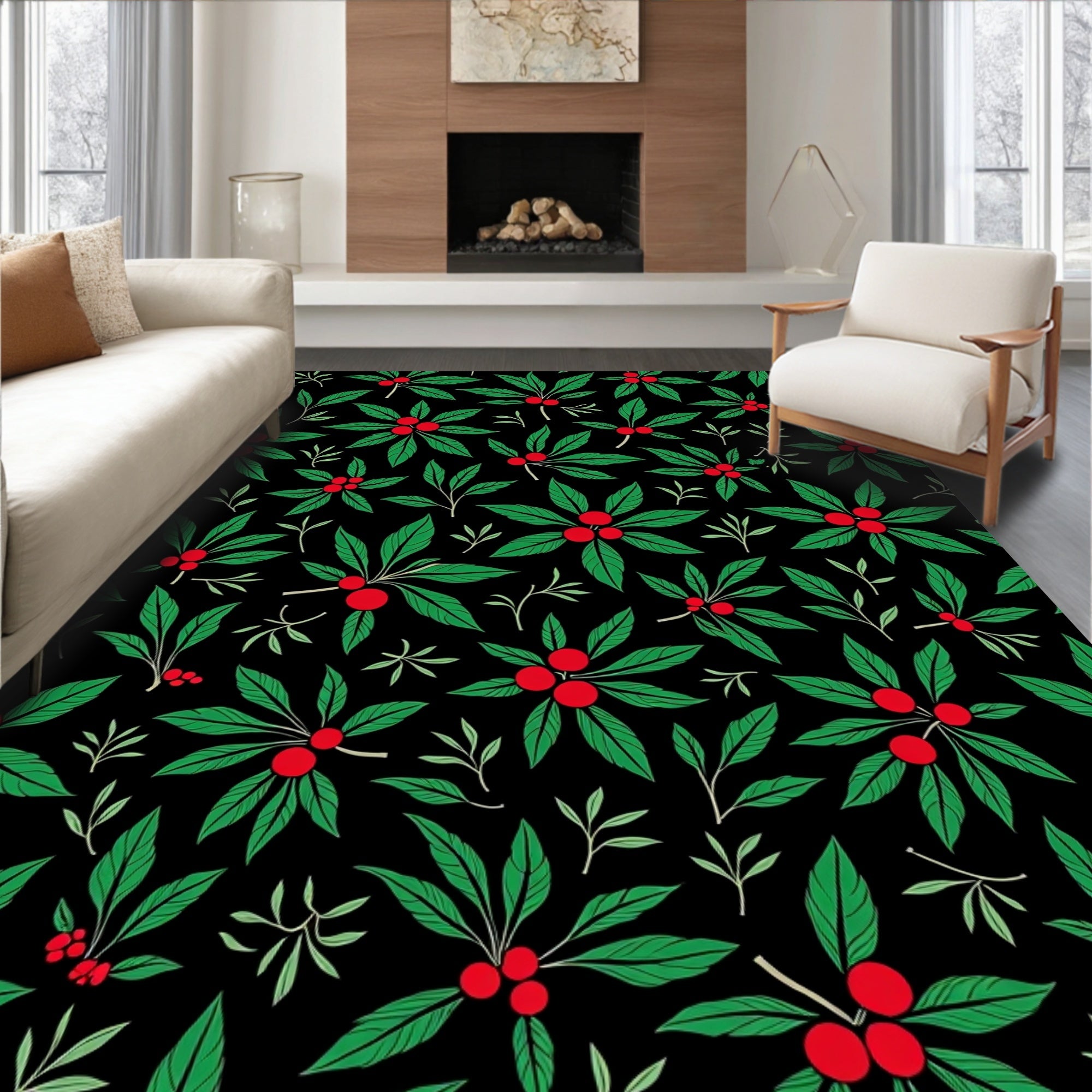 Verdant Berry Cluster Black Background Rug