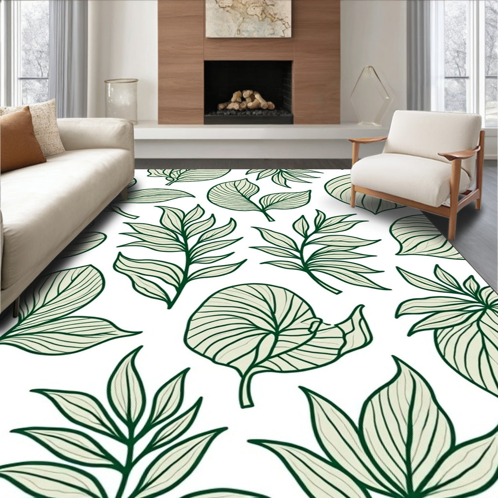 Botanical Patterned Green Leaf Design Rug