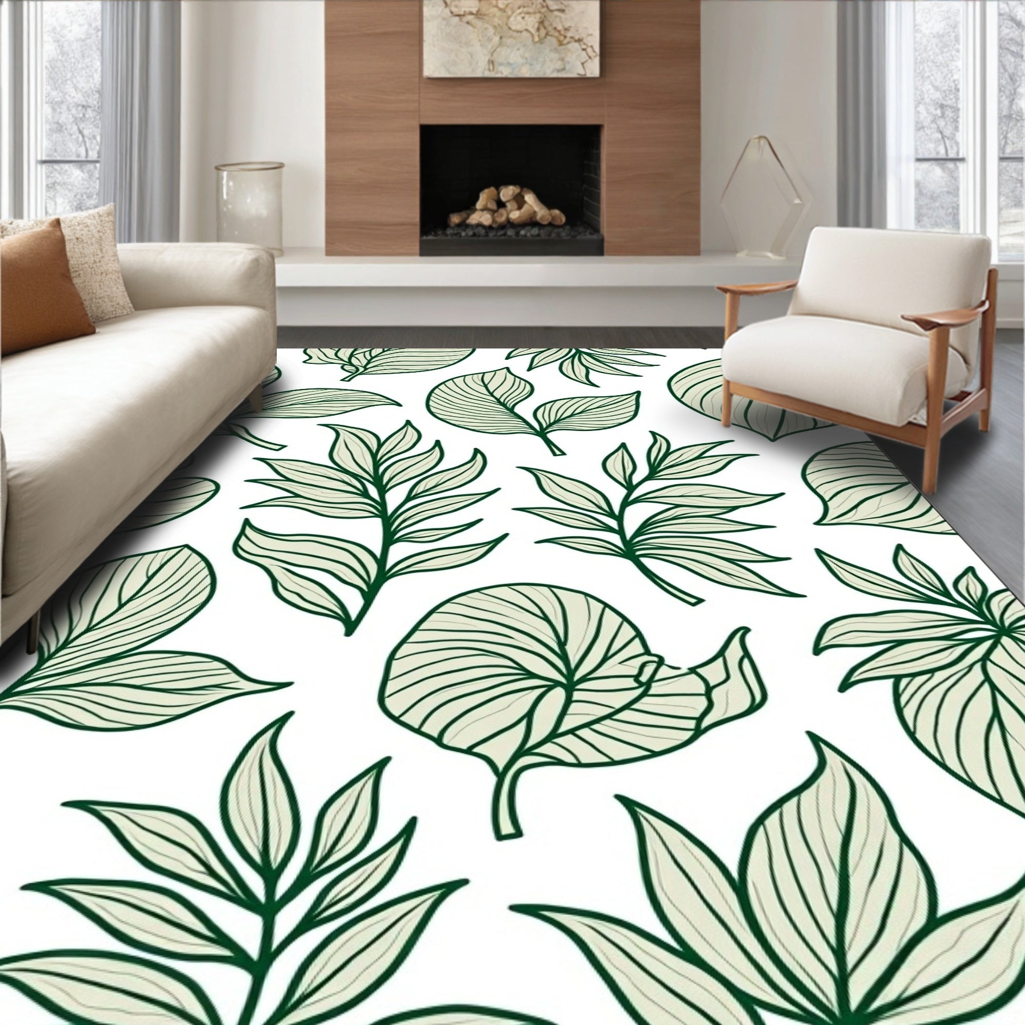 Botanical Patterned Green Leaf Design Rug