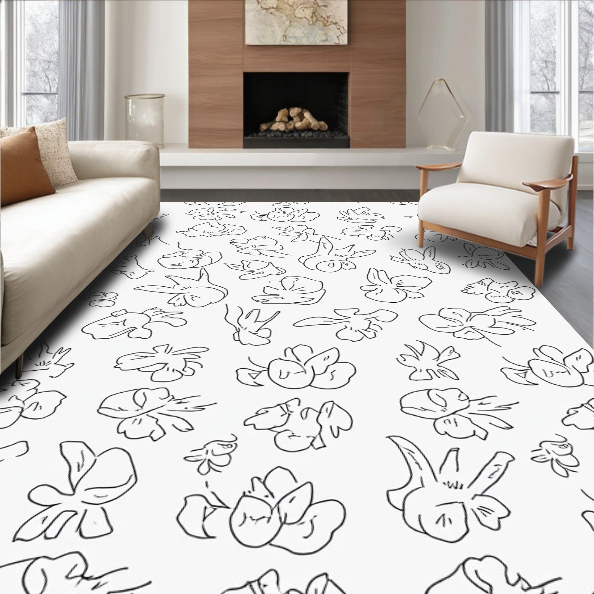Hand Drawn Blossom Pattern Rug